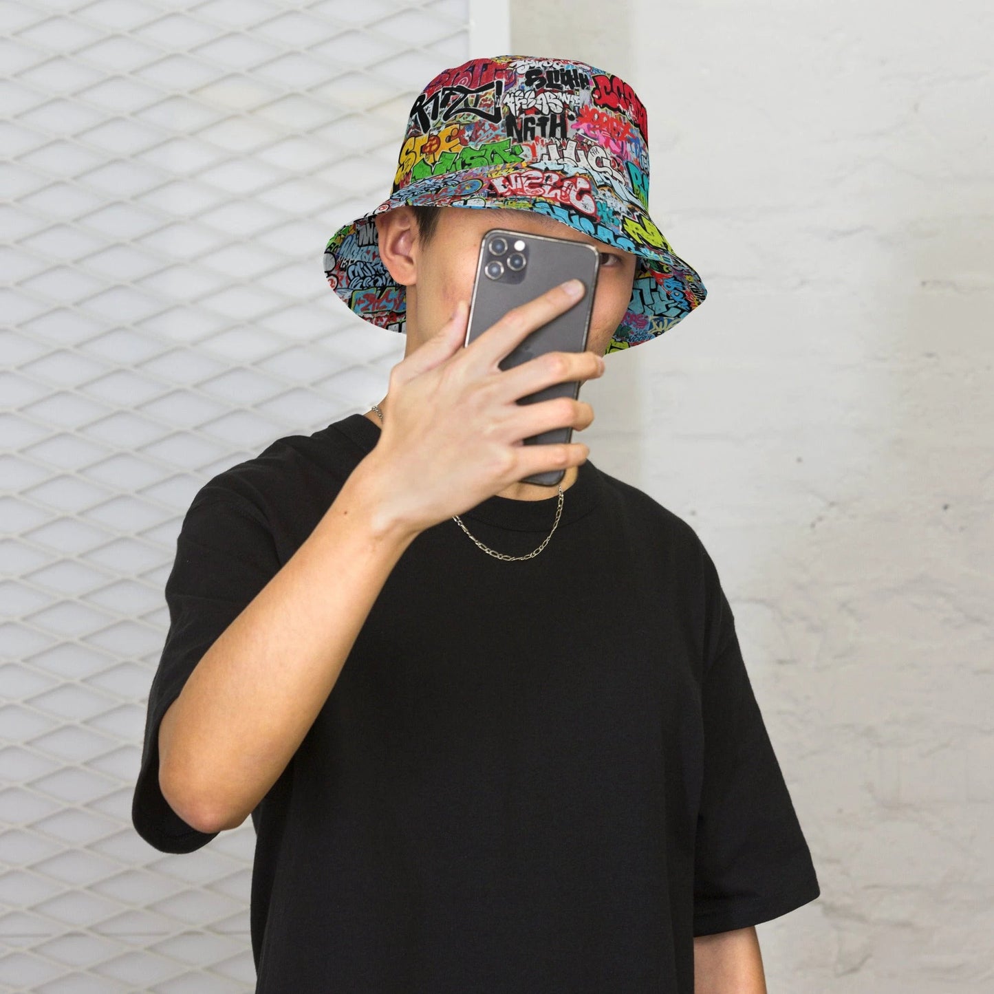 Reversible Bucket Hat — All-Over-Print Graffiti Urban Street Art, Multicolor AOP Typography, Both Sides Printed