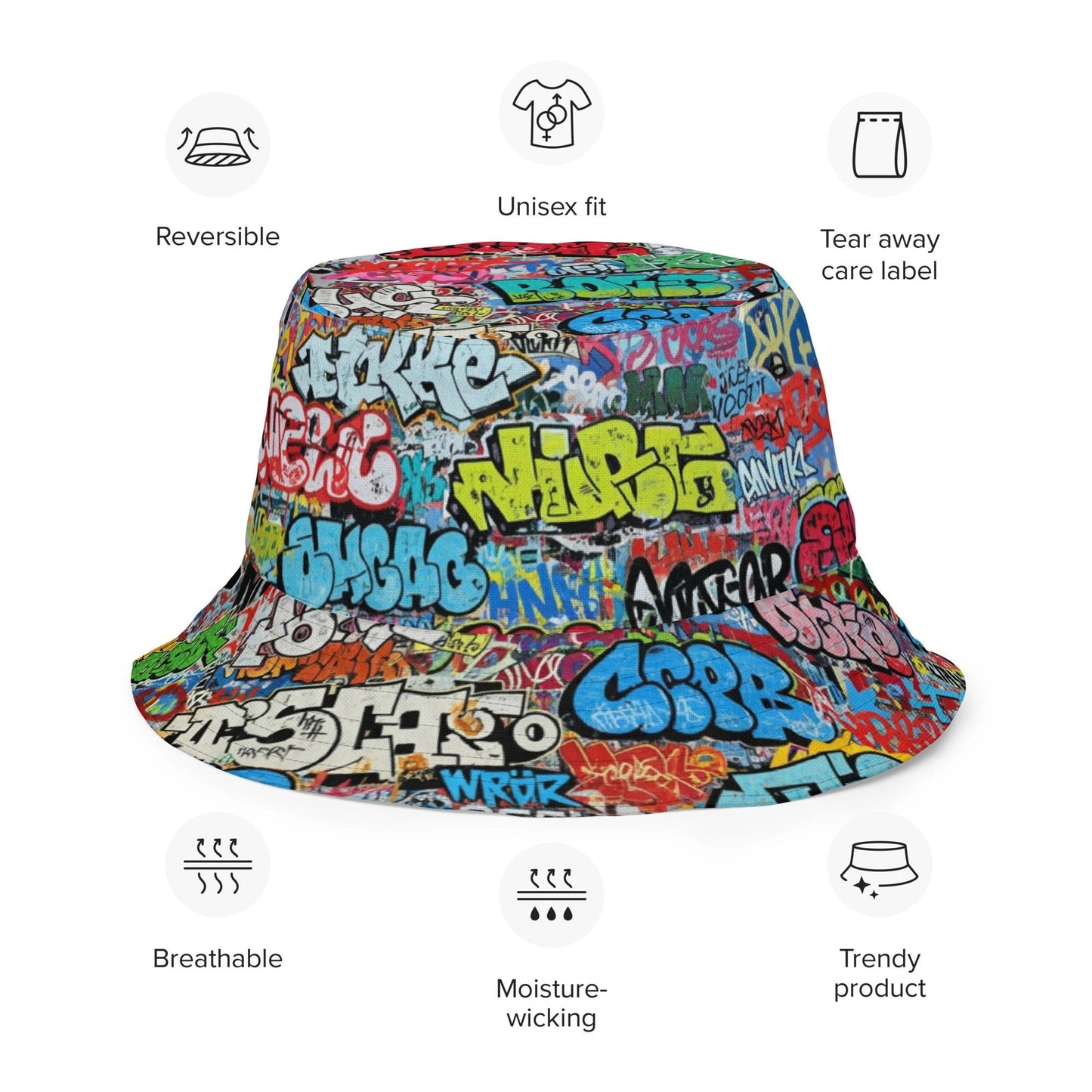 Reversible Bucket Hat — All-Over-Print Graffiti Urban Street Art, Multicolor AOP Typography, Both Sides Printed