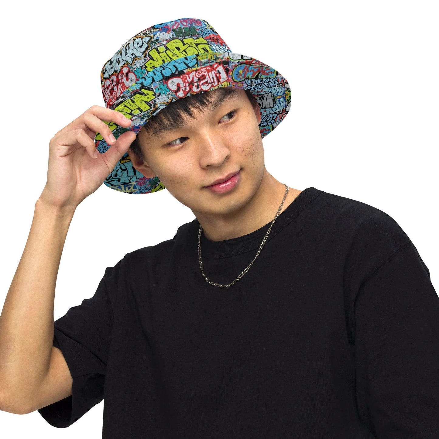 Reversible Bucket Hat — All-Over-Print Graffiti Urban Street Art, Multicolor AOP Typography, Both Sides Printed