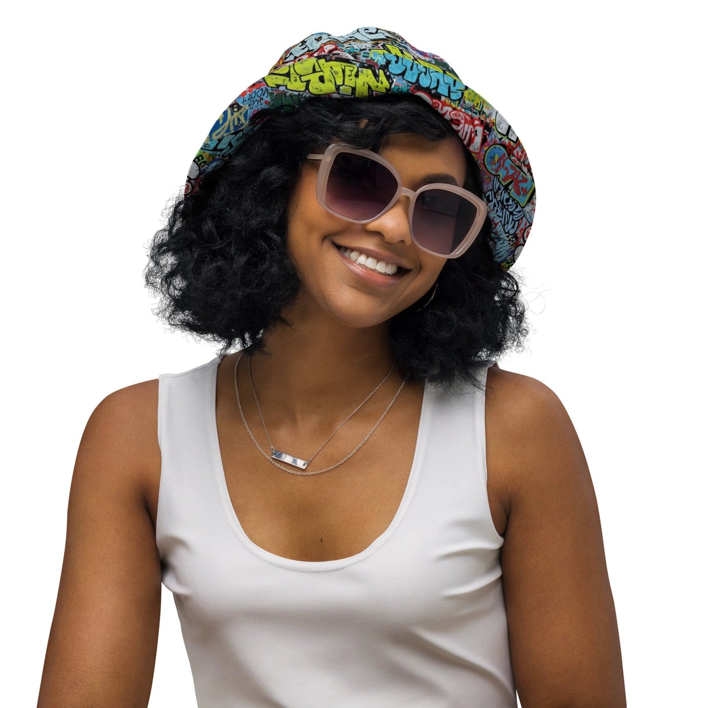 Reversible Bucket Hat — All-Over-Print Graffiti Urban Street Art, Multicolor AOP Typography, Both Sides Printed