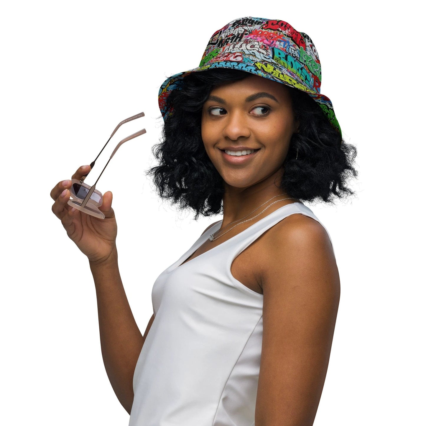 Reversible Bucket Hat — All-Over-Print Graffiti Urban Street Art, Multicolor AOP Typography, Both Sides Printed
