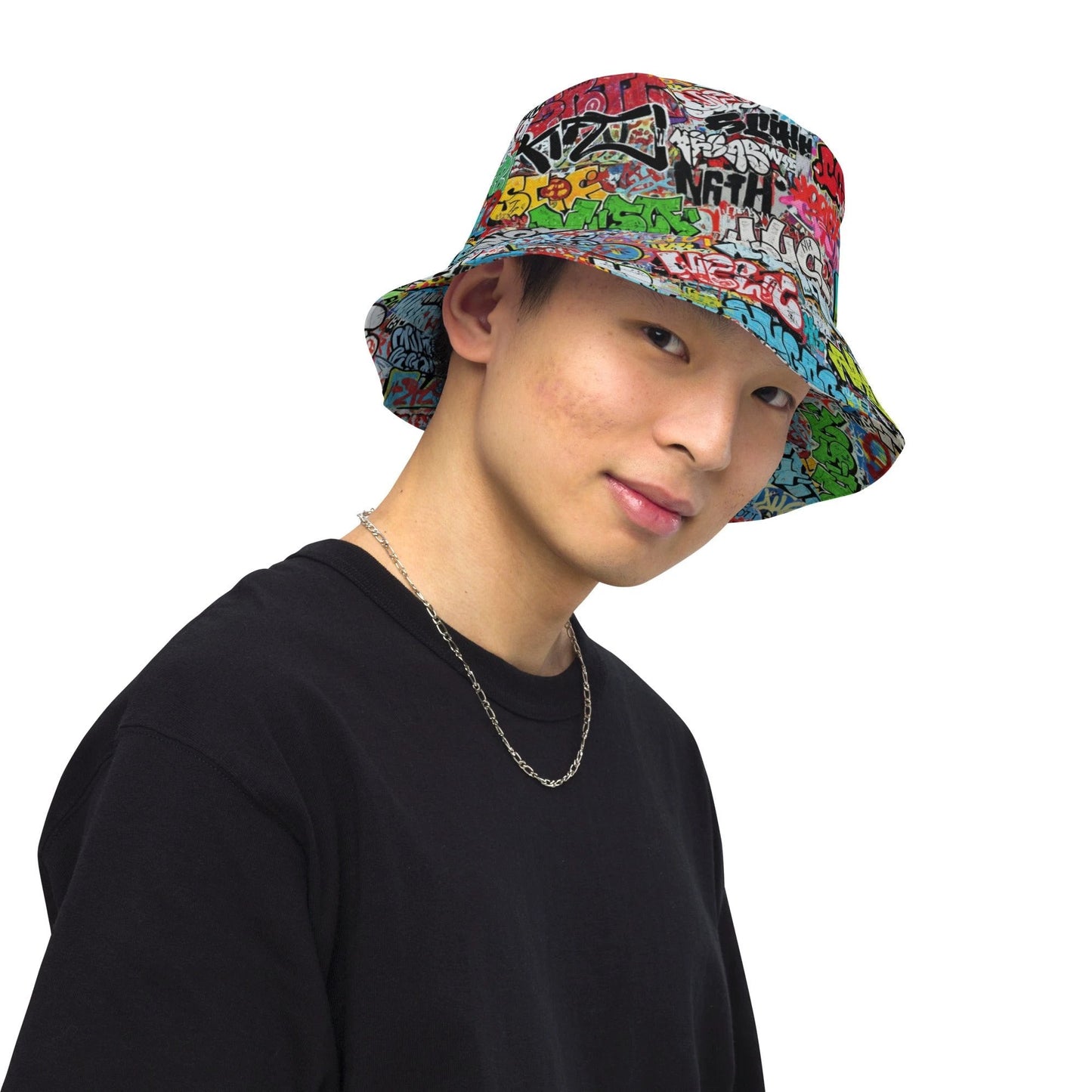 Reversible Bucket Hat — All-Over-Print Graffiti Urban Street Art, Multicolor AOP Typography, Both Sides Printed