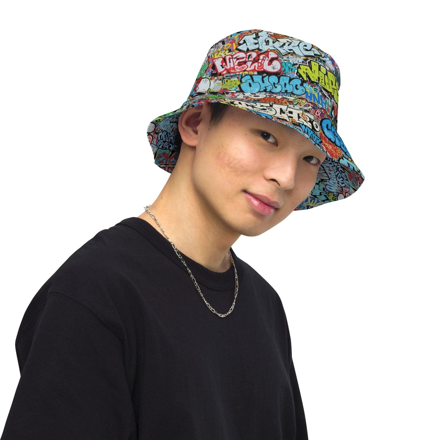 Reversible Bucket Hat — All-Over-Print Graffiti Urban Street Art, Multicolor AOP Typography, Both Sides Printed
