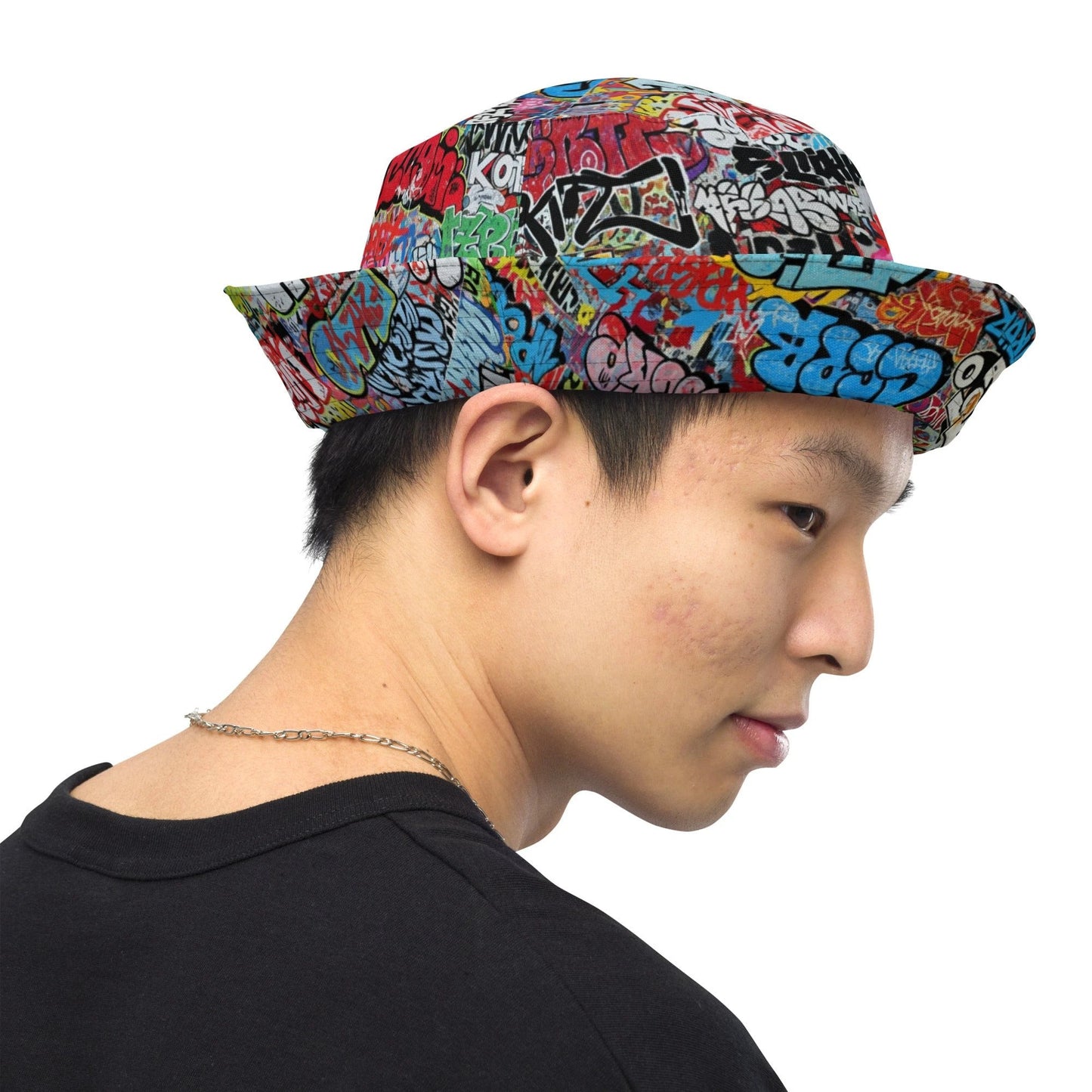 Reversible Bucket Hat — All-Over-Print Graffiti Urban Street Art, Multicolor AOP Typography, Both Sides Printed