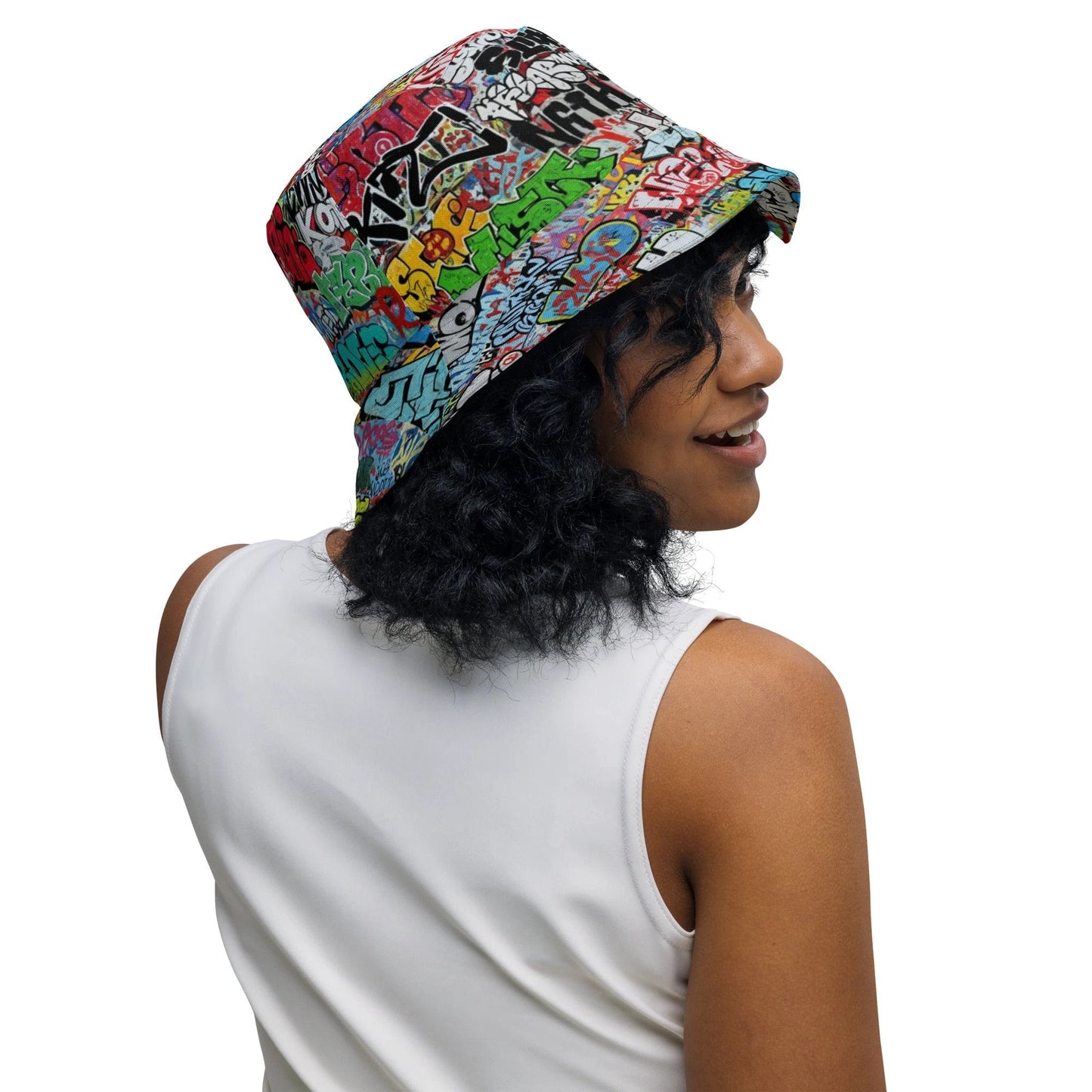 Reversible Bucket Hat — All-Over-Print Graffiti Urban Street Art, Multicolor AOP Typography, Both Sides Printed