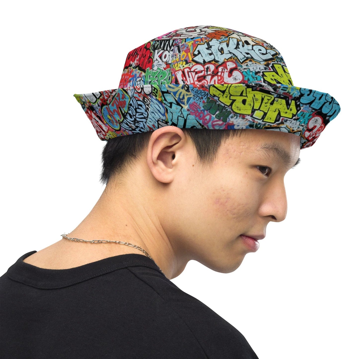 Reversible Bucket Hat — All-Over-Print Graffiti Urban Street Art, Multicolor AOP Typography, Both Sides Printed