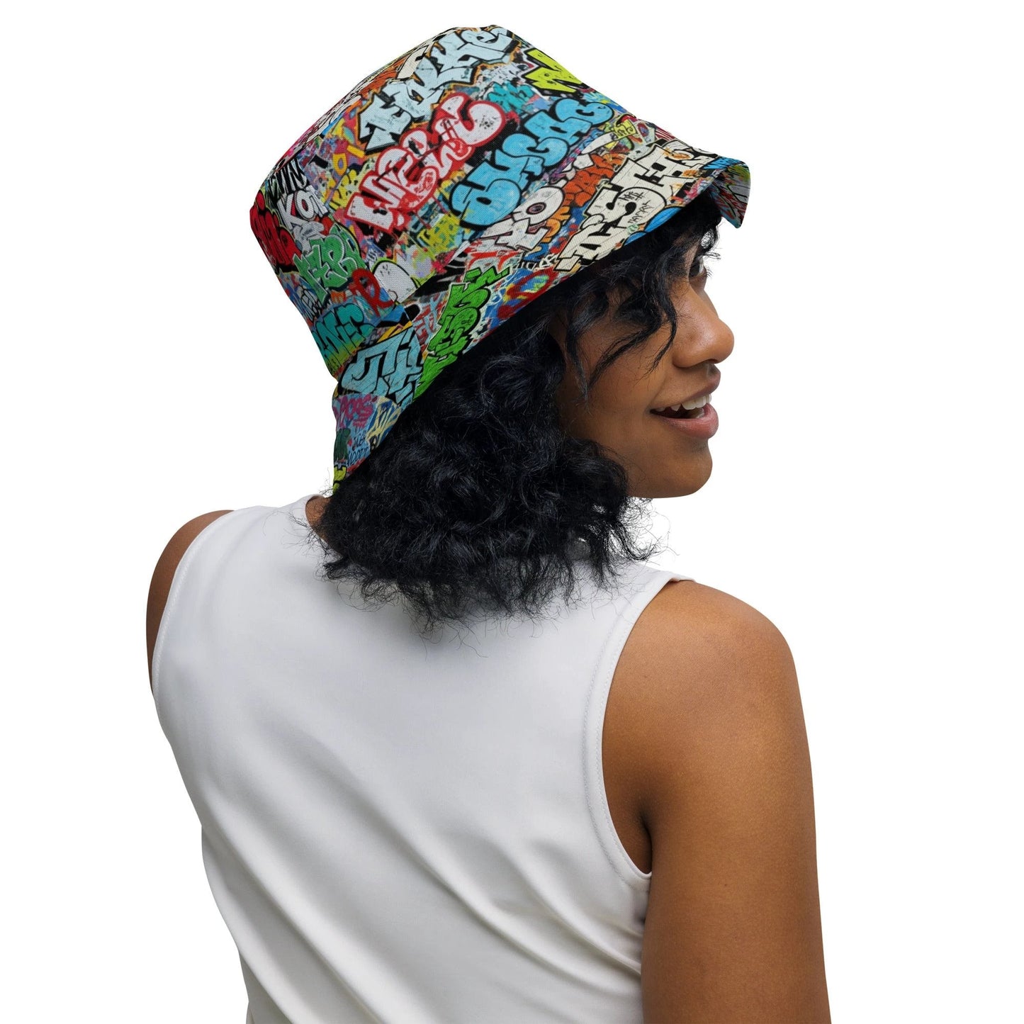 Reversible Bucket Hat — All-Over-Print Graffiti Urban Street Art, Multicolor AOP Typography, Both Sides Printed
