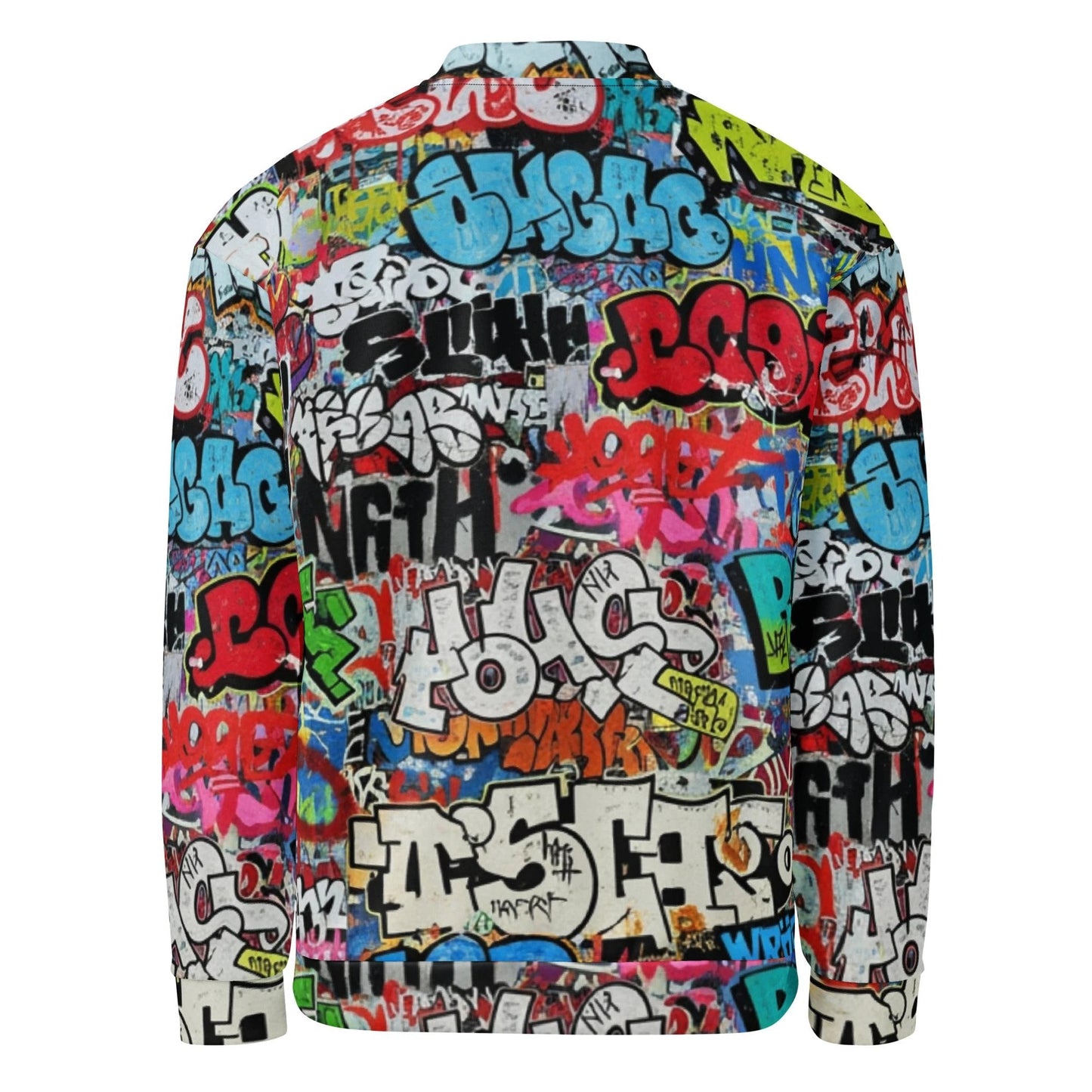 Graffiti Mashup AOP Bomber Jacket — White Street-Tag Collage Statement Outerwear for Urban Art Collectors