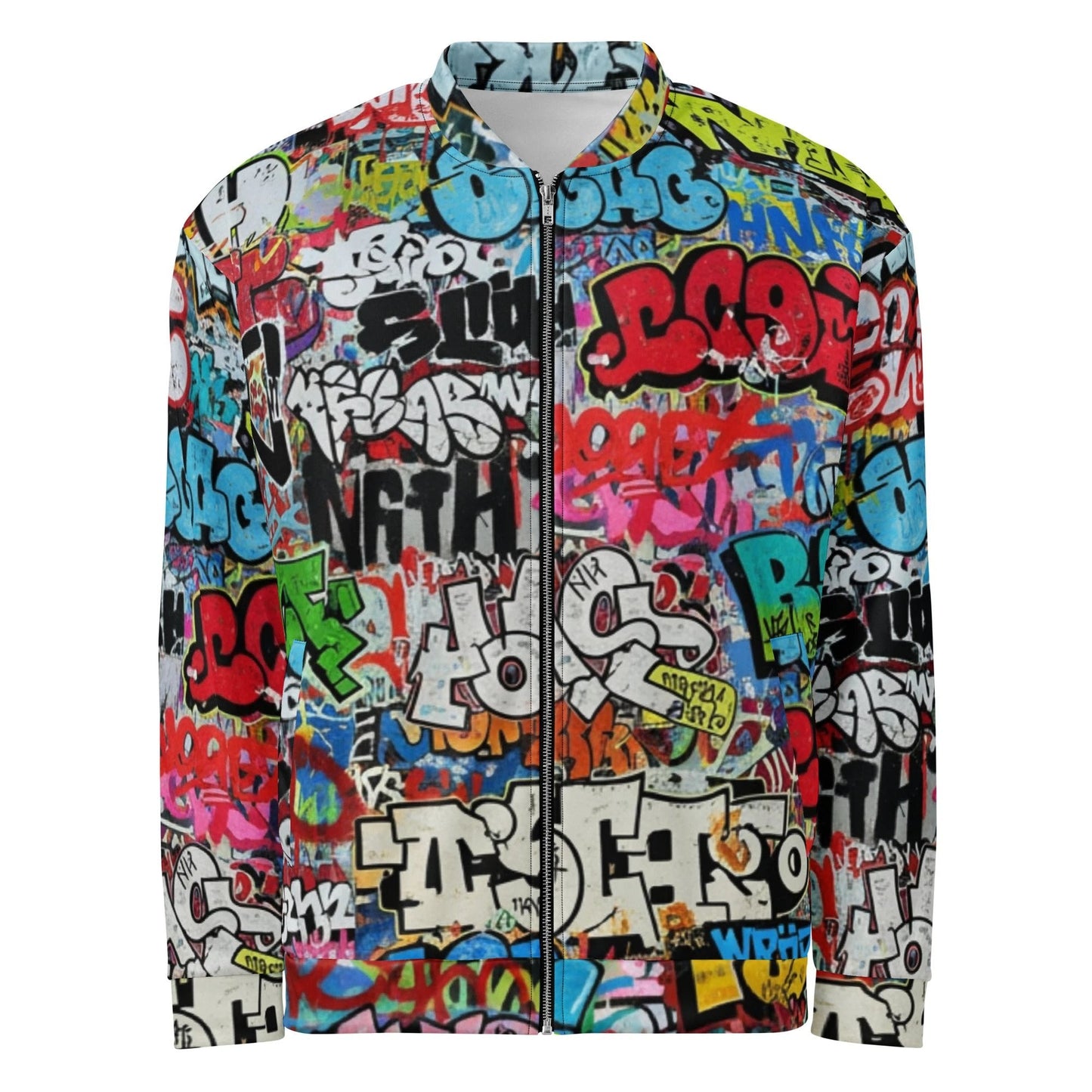 Graffiti Mashup AOP Bomber Jacket — White Street-Tag Collage Statement Outerwear for Urban Art Collectors