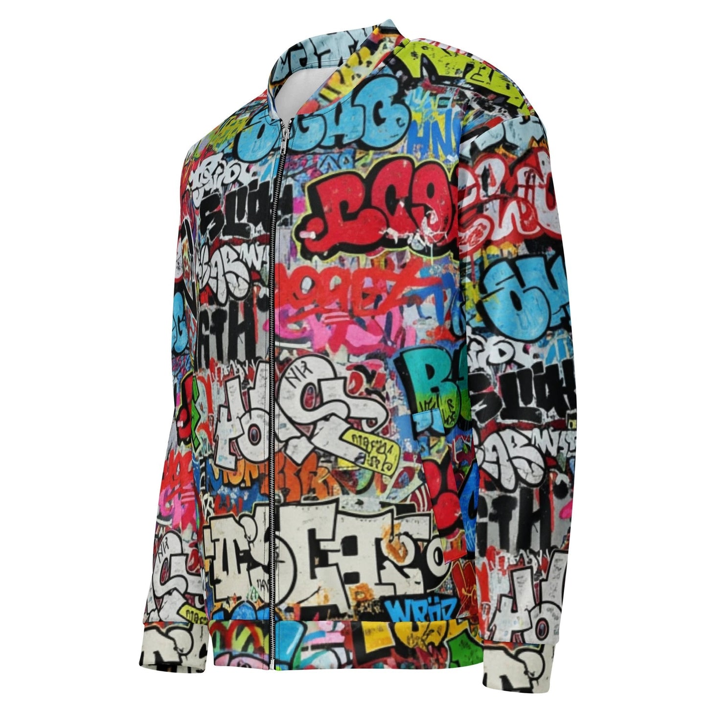 Graffiti Mashup AOP Bomber Jacket — White Street-Tag Collage Statement Outerwear for Urban Art Collectors