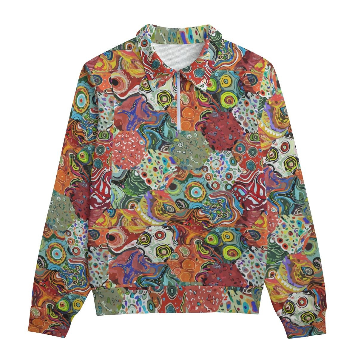 Retro Bloom Doodle Half-Zip Collar Sweatshirt — Dense 70s Floral AOP Statement Top for Maximalist Dressers