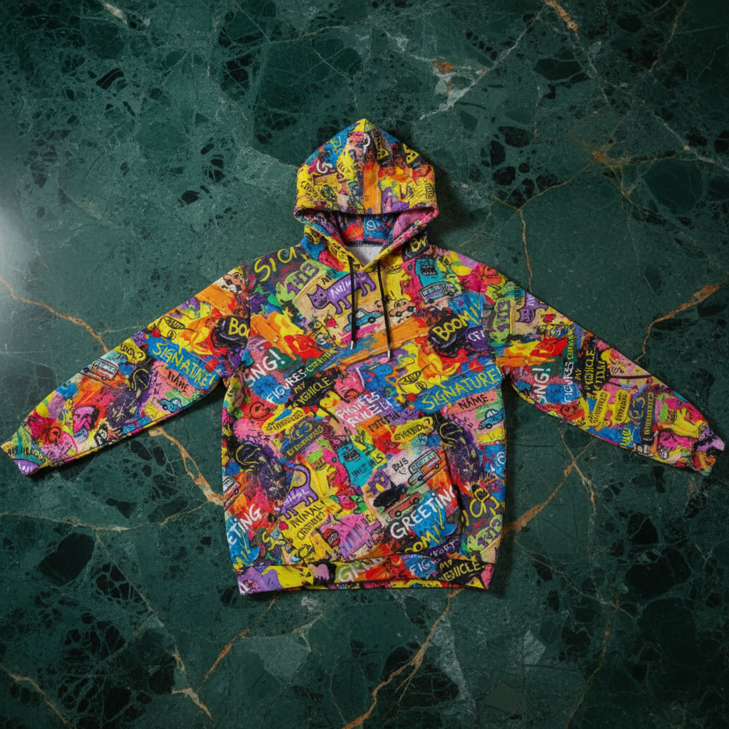 Tangerine Doodle Confetti Hoodie — Warm Pop Scribble AOP 310gsm Cotton Pullover, Dopamine Dressing Core
