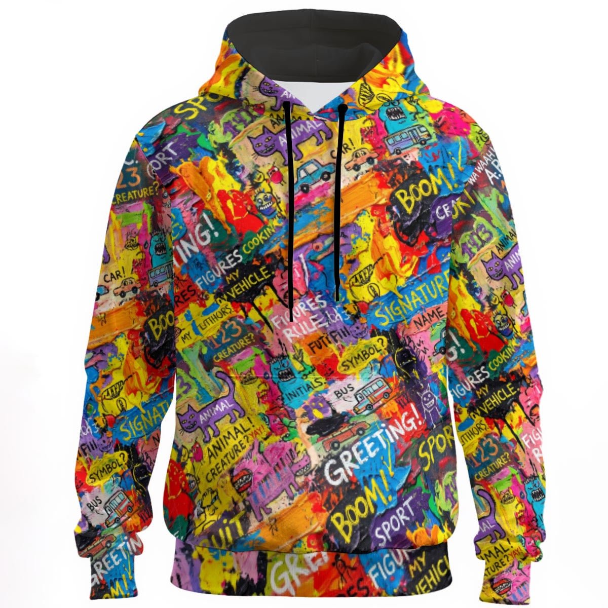 Tangerine Doodle Confetti Hoodie — Warm Pop Scribble AOP 310gsm Cotton Pullover, Dopamine Dressing Core
