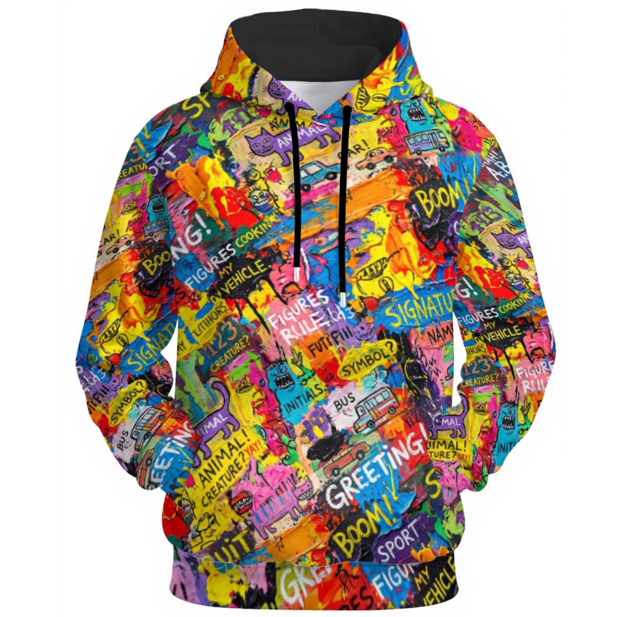 Tangerine Doodle Confetti Hoodie — Warm Pop Scribble AOP 310gsm Cotton Pullover, Dopamine Dressing Core