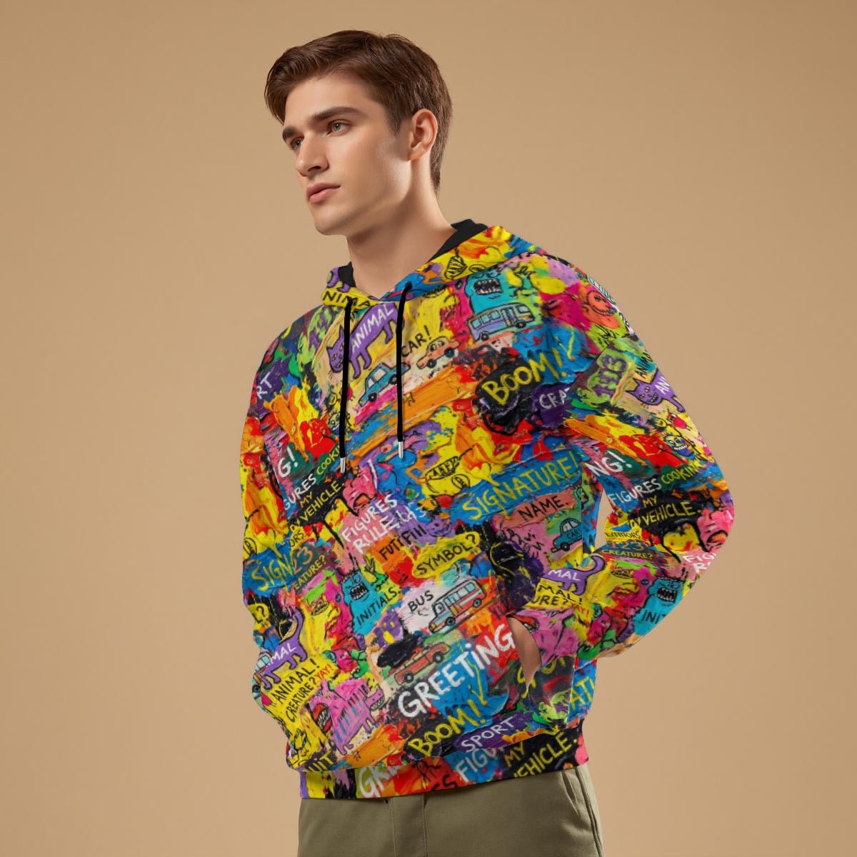 Tangerine Doodle Confetti Hoodie — Warm Pop Scribble AOP 310gsm Cotton Pullover, Dopamine Dressing Core