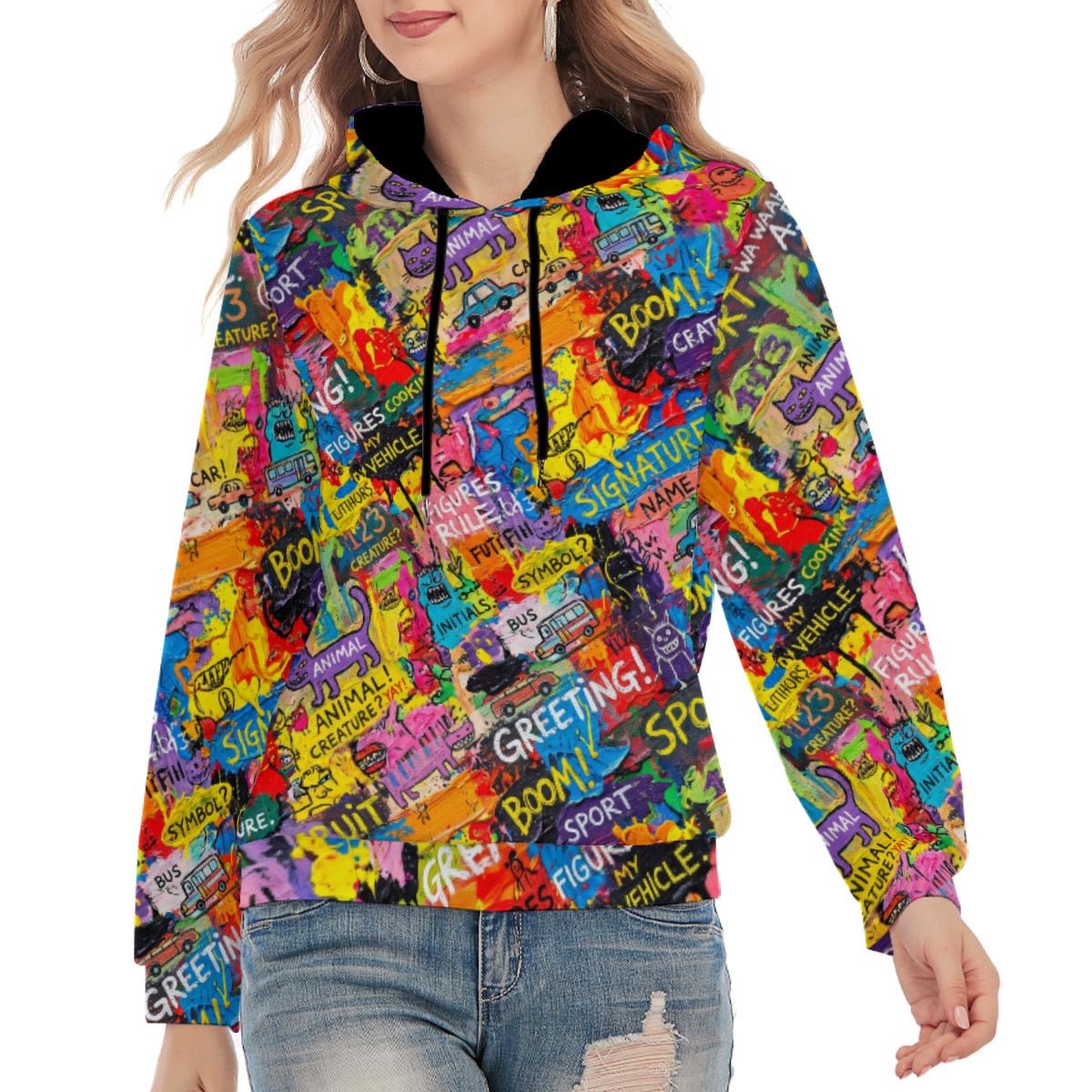 Tangerine Doodle Confetti Hoodie — Warm Pop Scribble AOP 310gsm Cotton Pullover, Dopamine Dressing Core