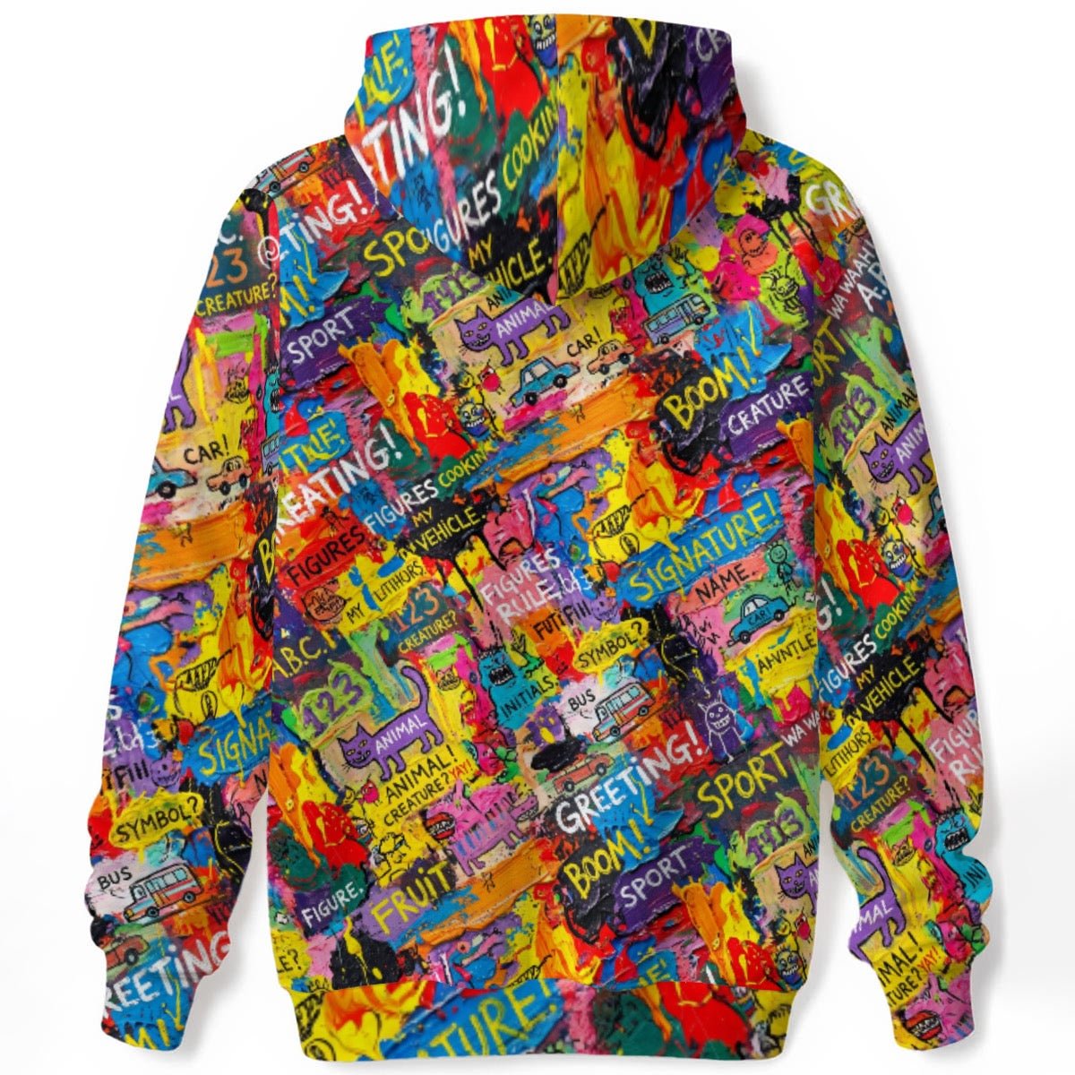 Tangerine Doodle Confetti Hoodie — Warm Pop Scribble AOP 310gsm Cotton Pullover, Dopamine Dressing Core