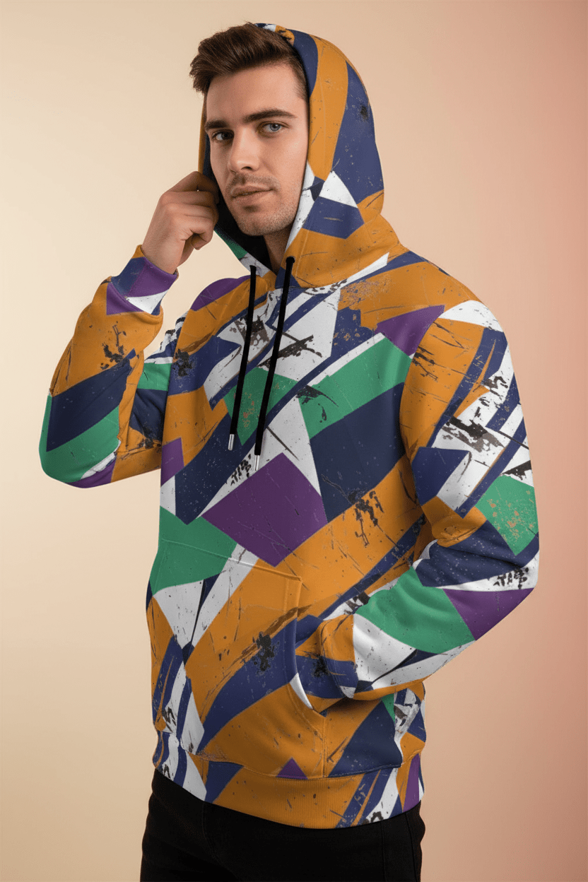 Agent Orange Geometric Hoodie for Bold Streetwear Collectors — 310gsm Cotton AOP Pullover, High-Voltage Geometry, Heavyweight Art-First Hoodie