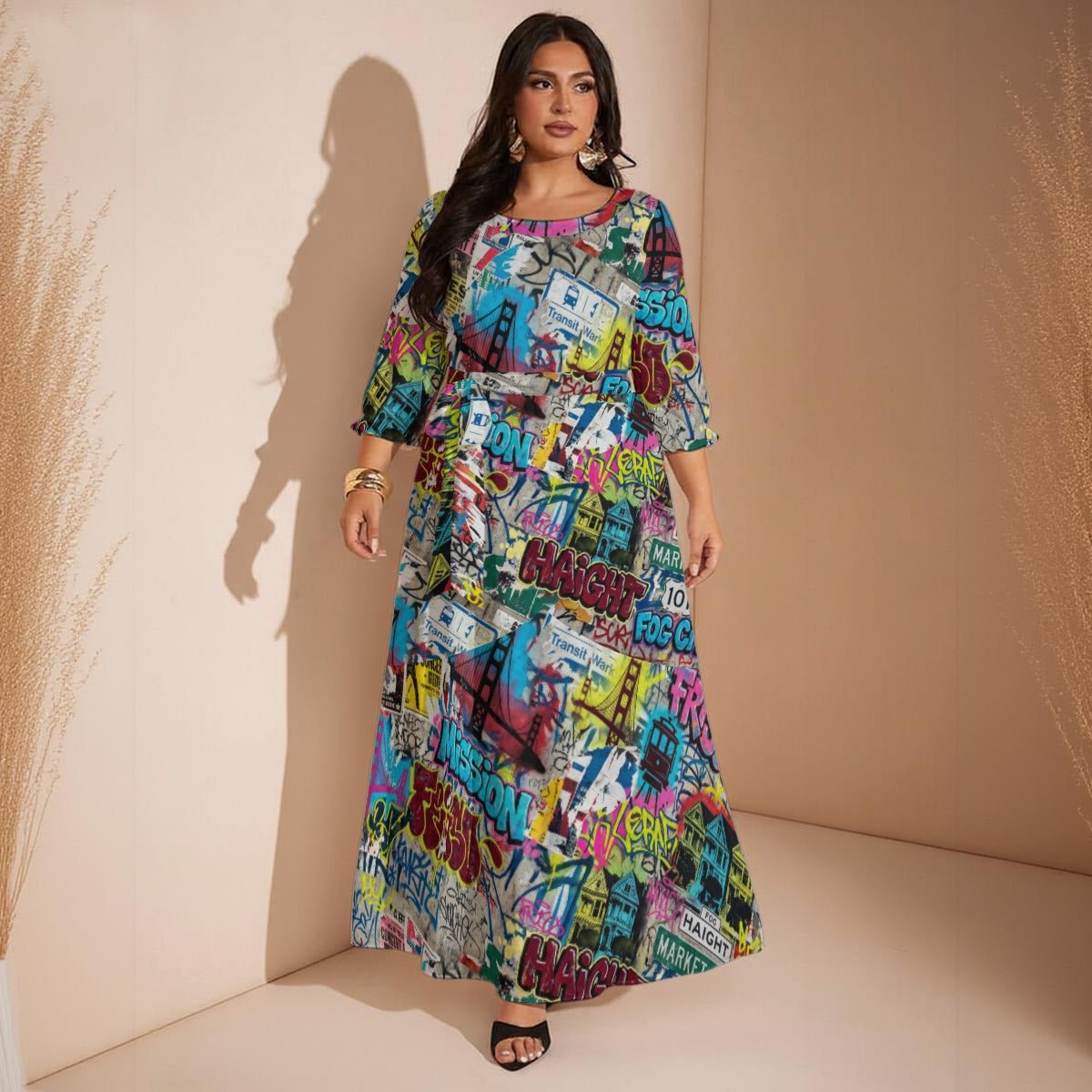 Teal Patchwork Collage Maxi Dress — Dark Aqua Abstract AOP Milk-Silk Plus Size Statement Dress