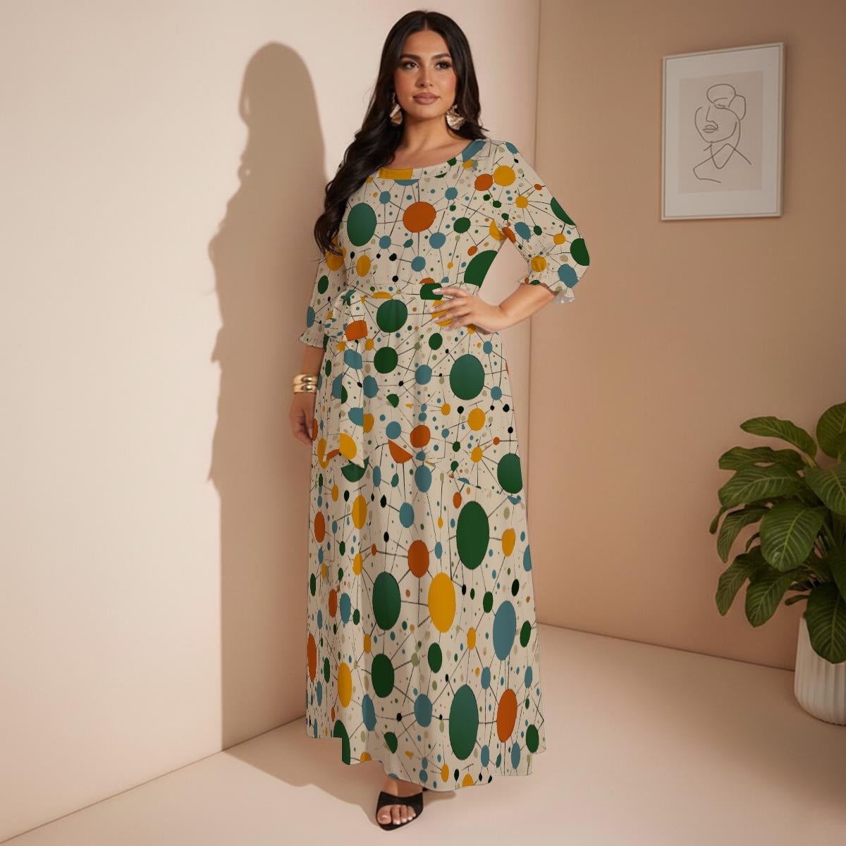 Sage Splatter Dot Maxi Dress — Cream Painterly AOP Milk-Silk Plus Size Dress for Soft Maximalists