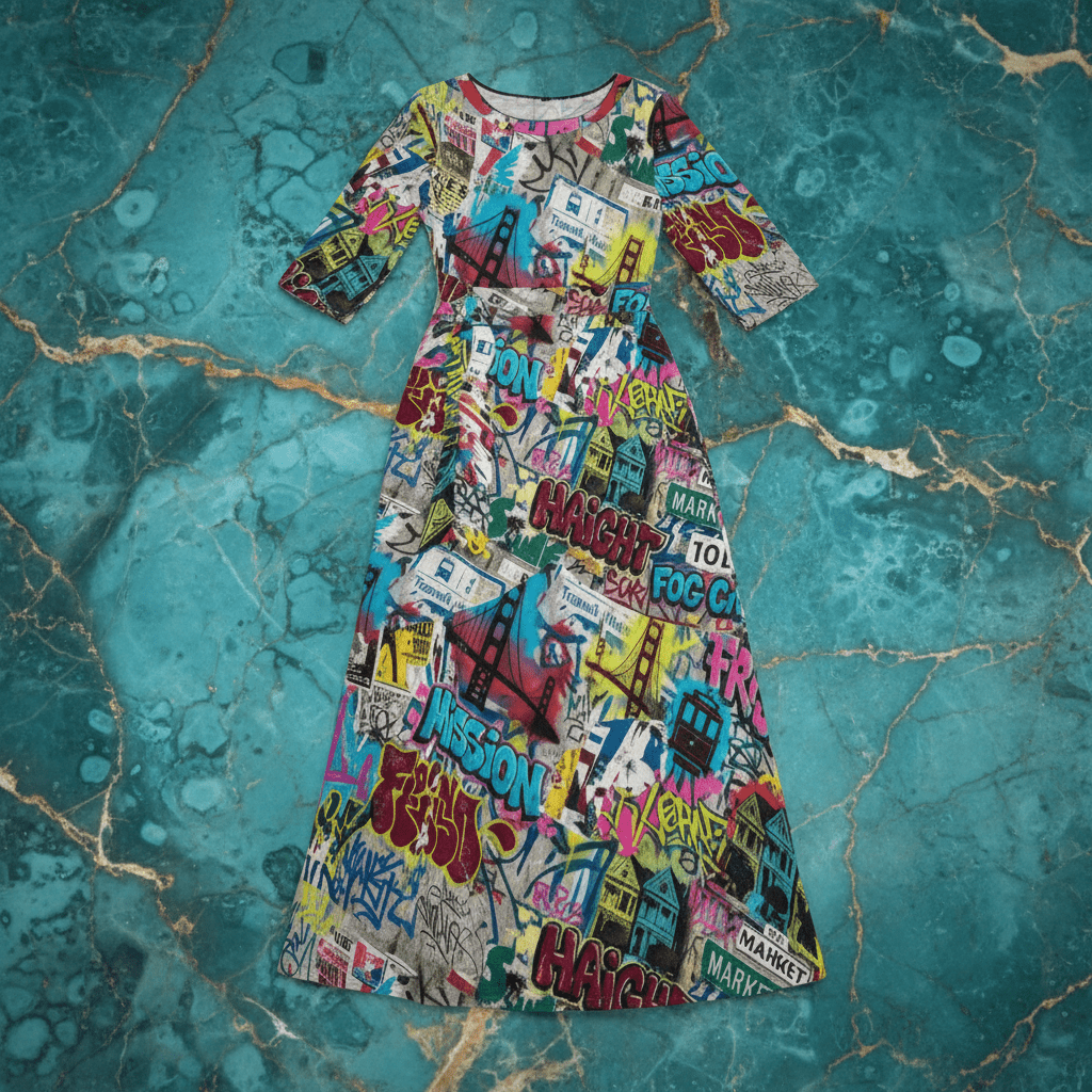 Teal Patchwork Collage Maxi Dress — Dark Aqua Abstract AOP Milk-Silk Plus Size Statement Dress