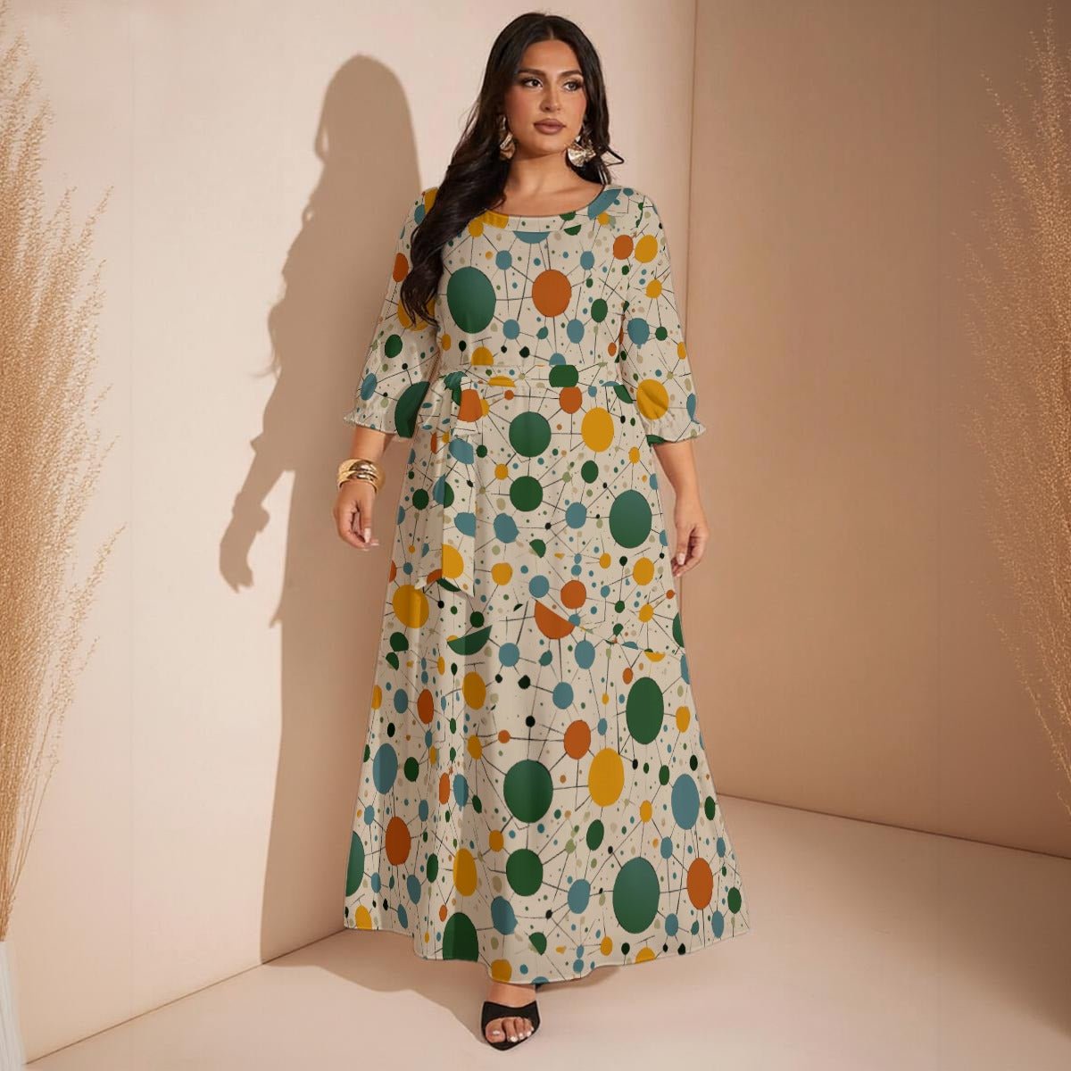 Sage Splatter Dot Maxi Dress — Cream Painterly AOP Milk-Silk Plus Size Dress for Soft Maximalists