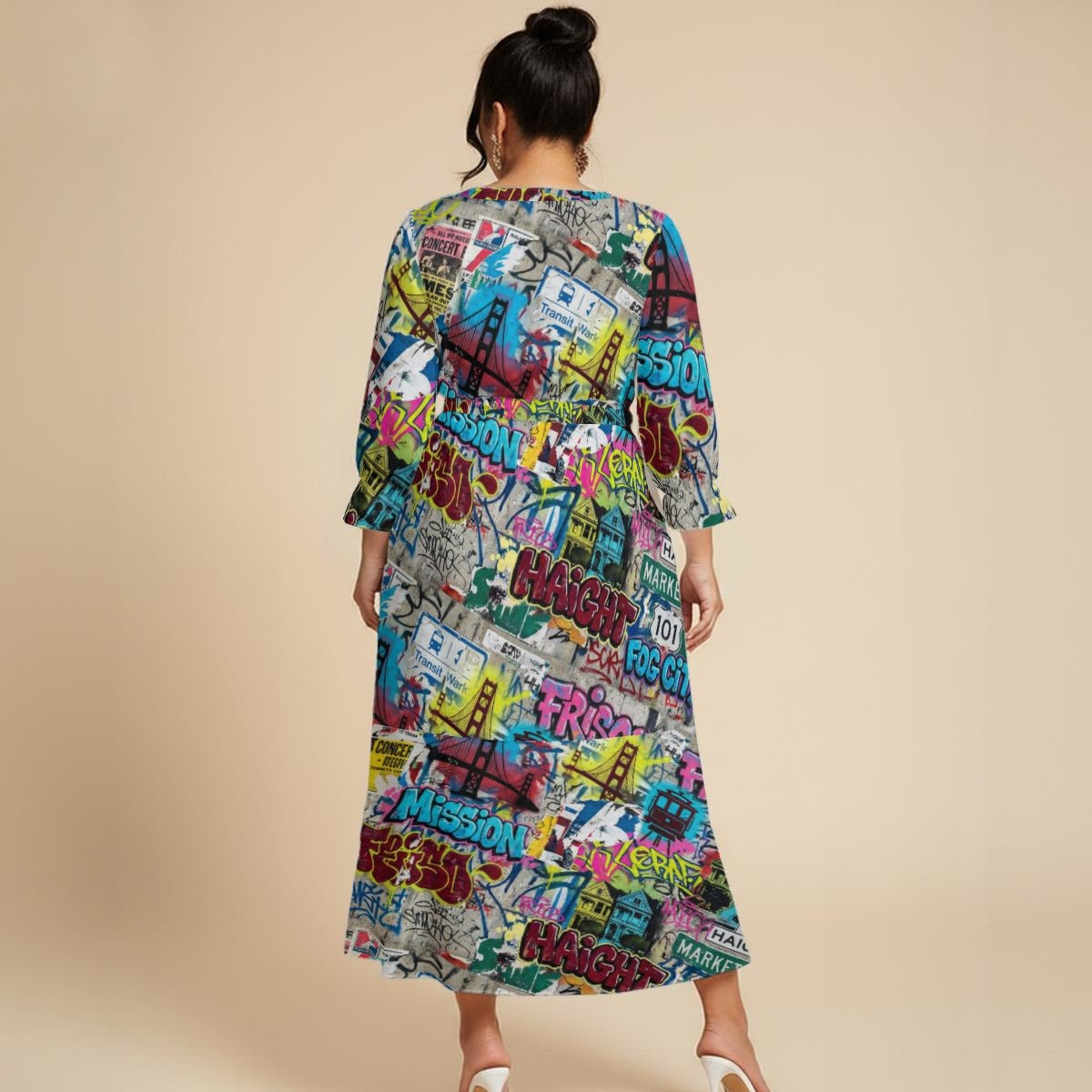 Teal Patchwork Collage Maxi Dress — Dark Aqua Abstract AOP Milk-Silk Plus Size Statement Dress