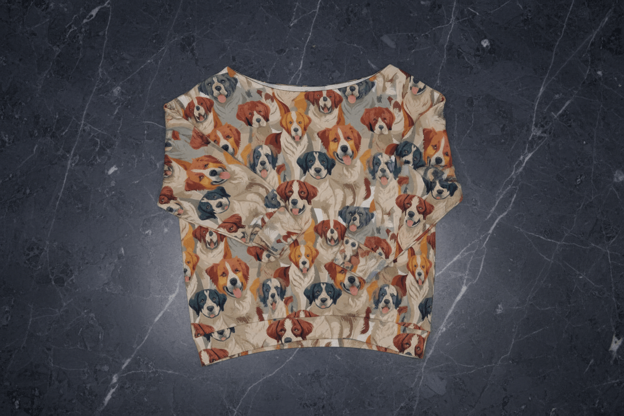 Pawsitive Vibrations Dog Print Sweatshirt for Dog Moms — AOP Off-Shoulder Oversized, Scuba Knit Dog Lover Fashion, Festival-Ready Pet Print