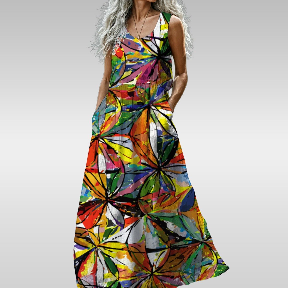 Vibrant Prism x High Waistline Sleeveless Maxi Dress,