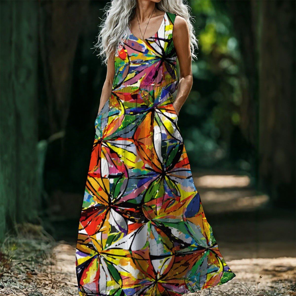 Vibrant Prism x High Waistline Sleeveless Maxi Dress,