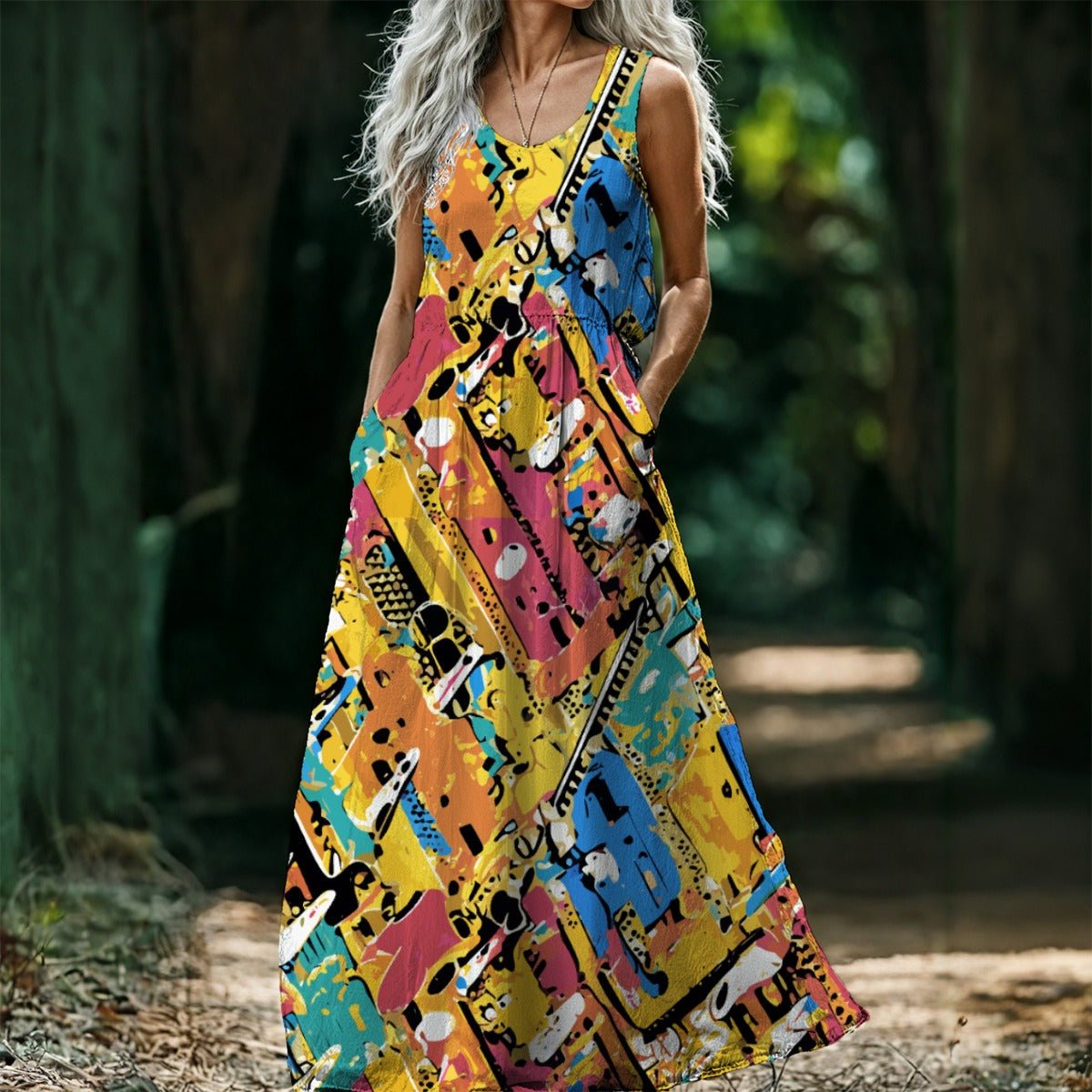 Paper Trail Collage Sleeveless Maxi Dress — Cream Geometric Strip AOP Summer Statement Dress