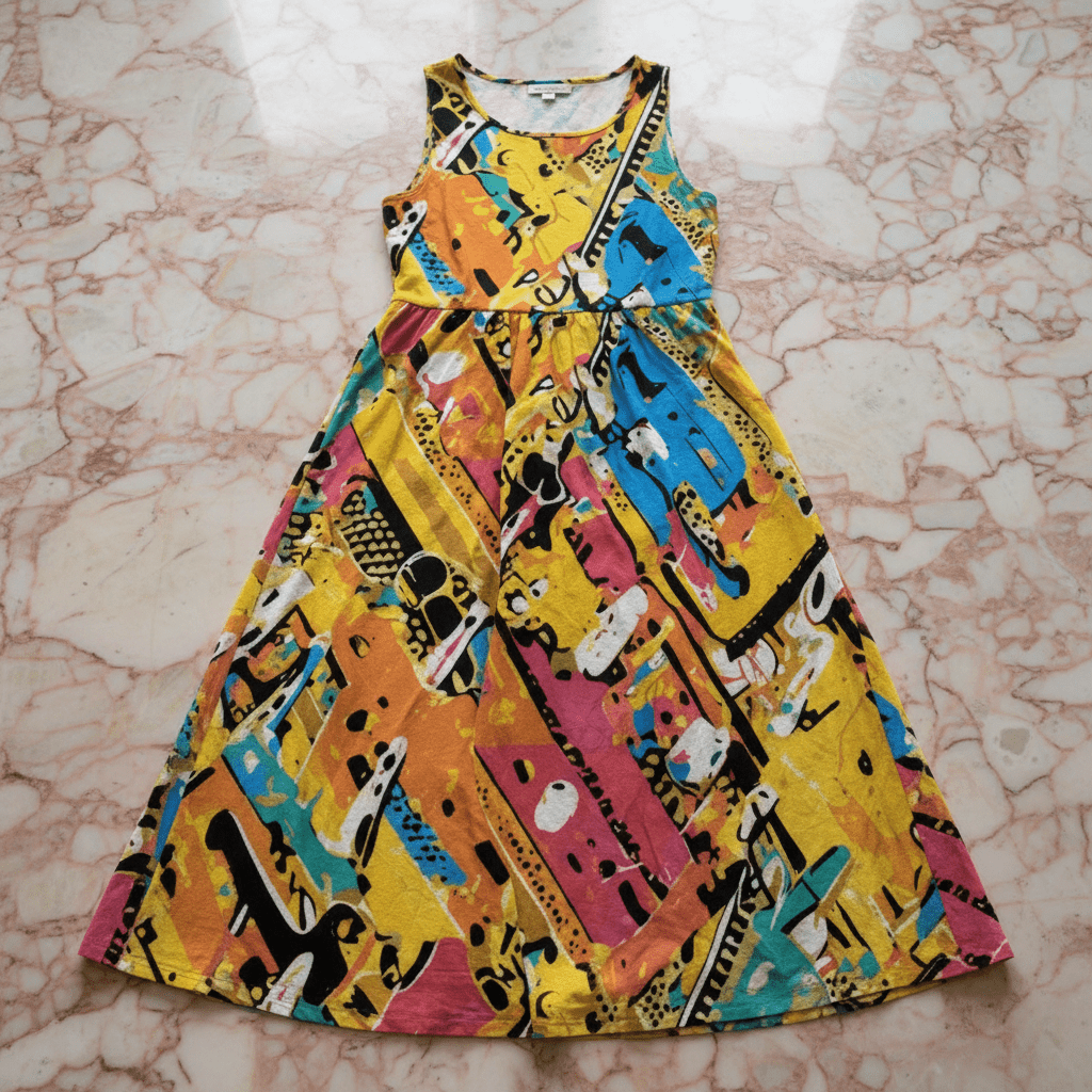Paper Trail Collage Sleeveless Maxi Dress — Cream Geometric Strip AOP Summer Statement Dress