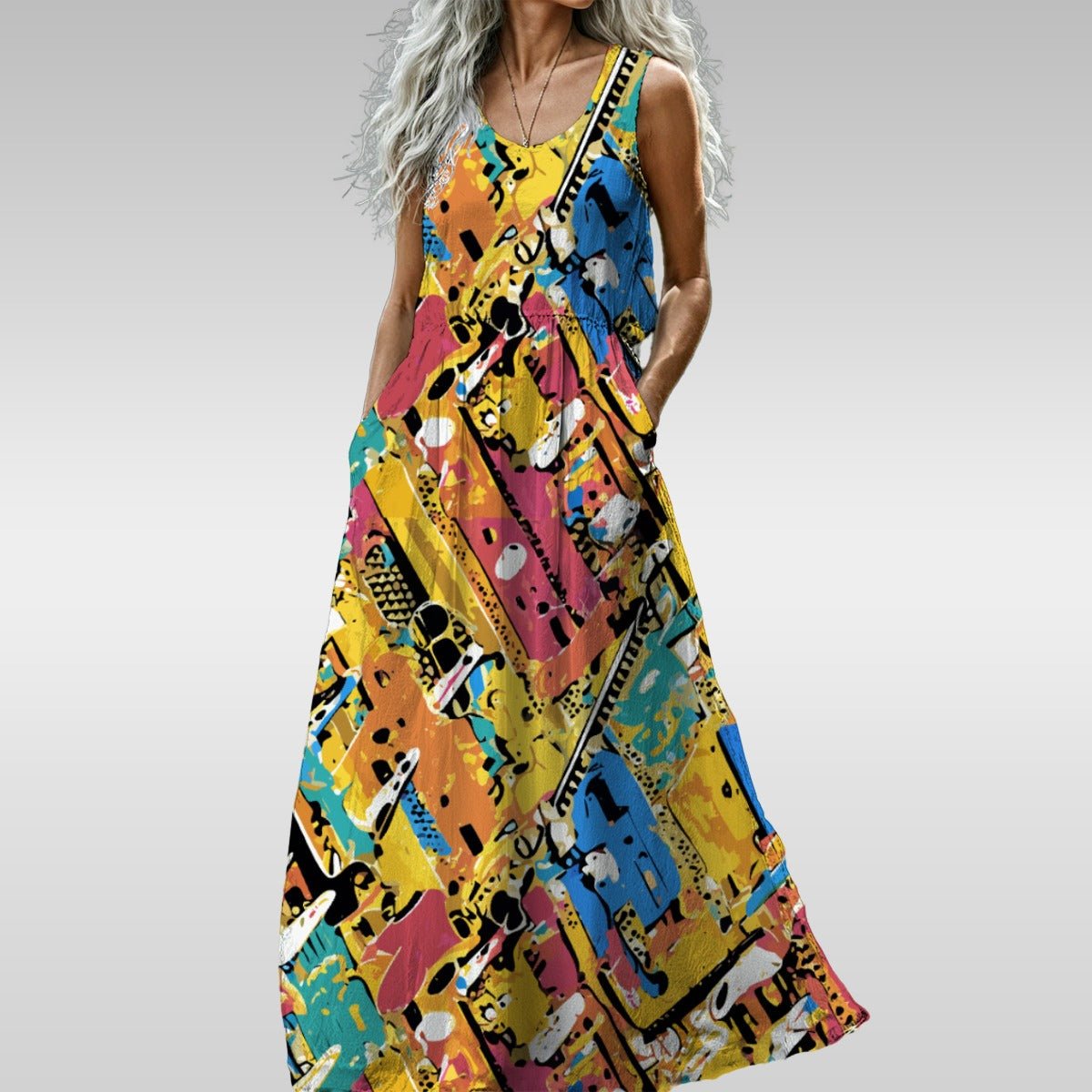 Paper Trail Collage Sleeveless Maxi Dress — Cream Geometric Strip AOP Summer Statement Dress