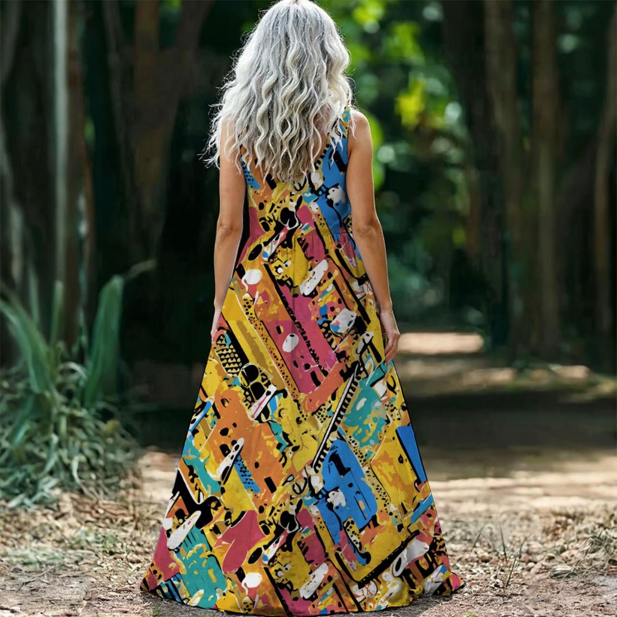 Paper Trail Collage Sleeveless Maxi Dress — Cream Geometric Strip AOP Summer Statement Dress