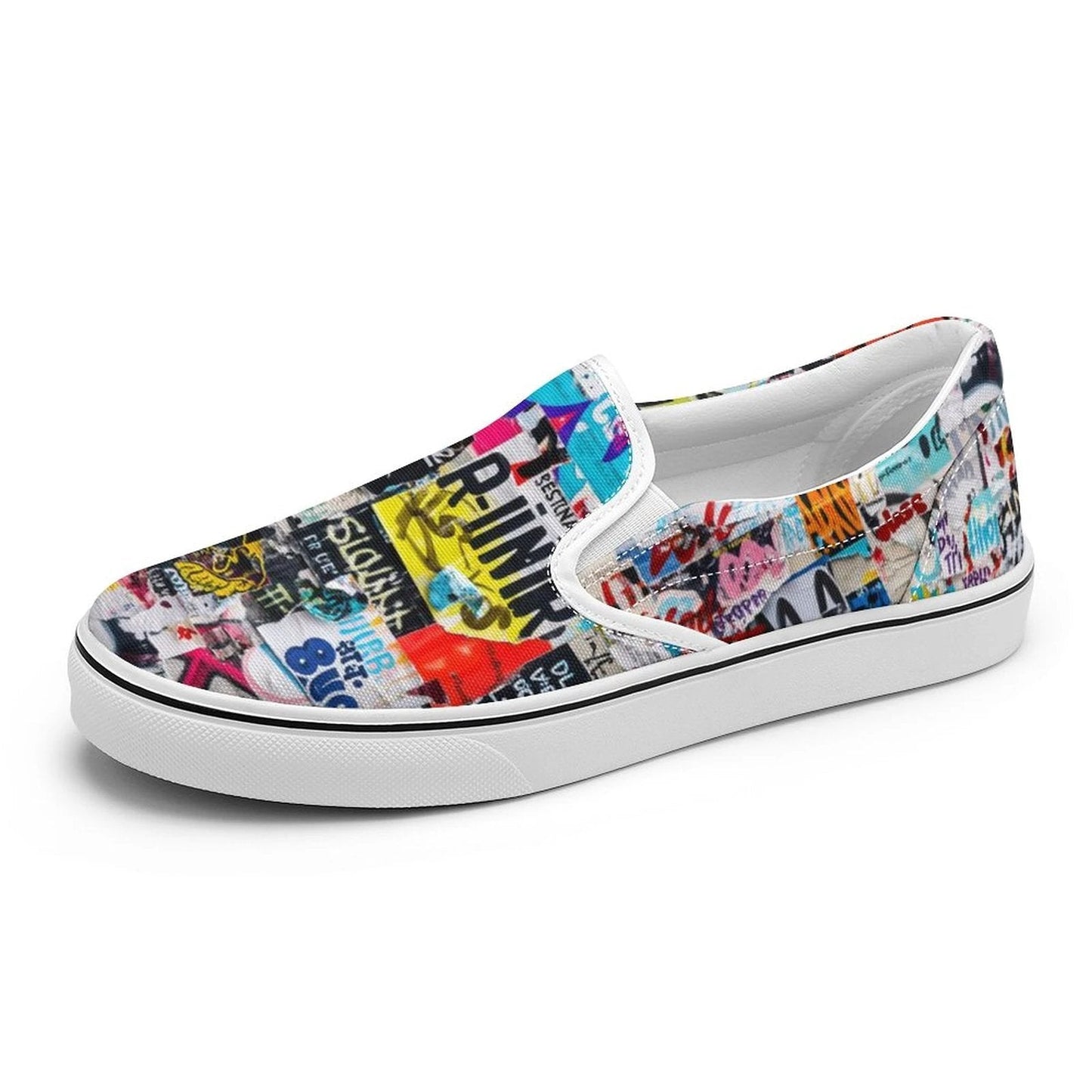Sticker Bomb Slip-On Shoes — Graffiti Collage AOP Canvas Sneakers, Everyday Street Art Footwear