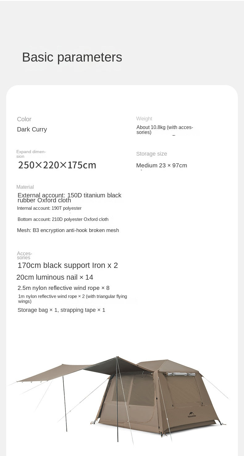 Naturehike VILLAGE 5.0 Gen 3 Fast Build Automatic Tent 1 Bedroom 1 Living Room Extended Canopy Double Layer Tent 4 Person Ti Black Coated Sunscreen