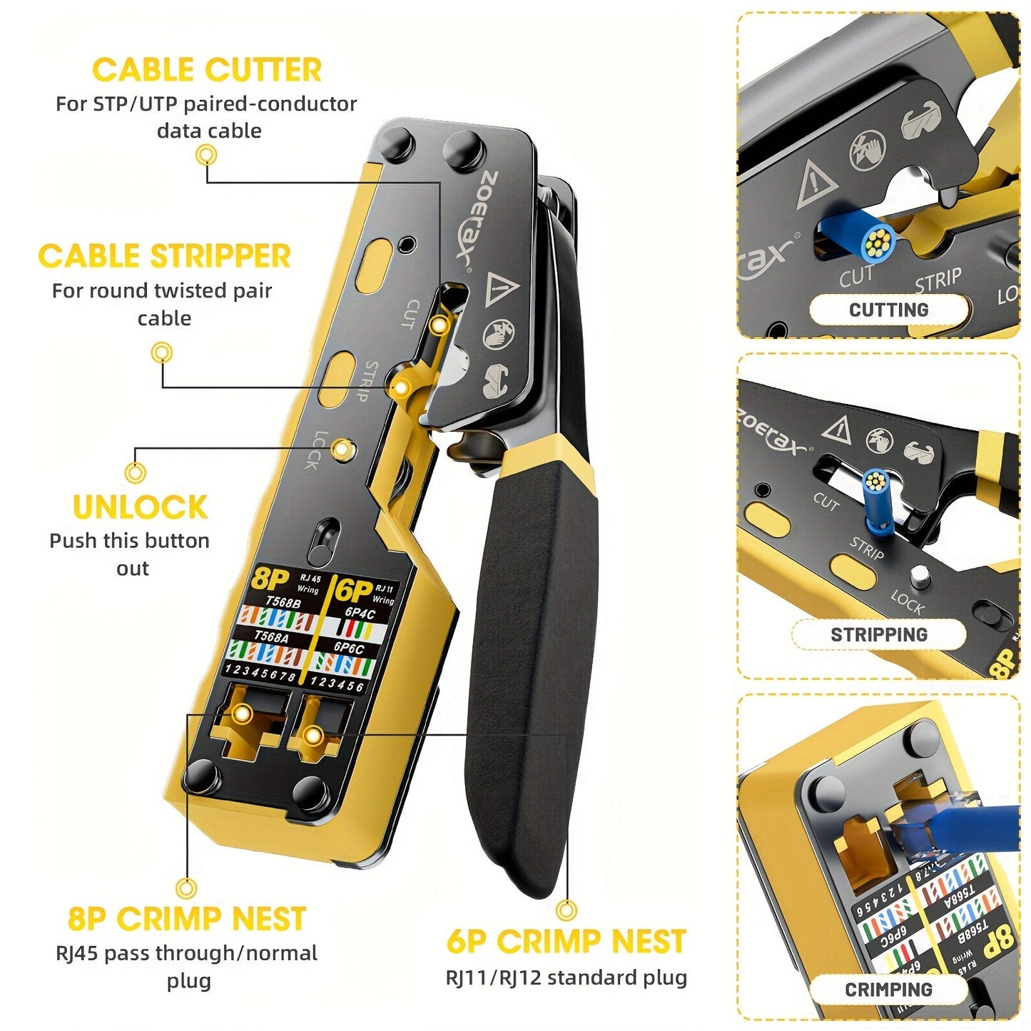 RJ45 Crimp Tool, Pass-Through Cutter for Ethernet TJR2V7L