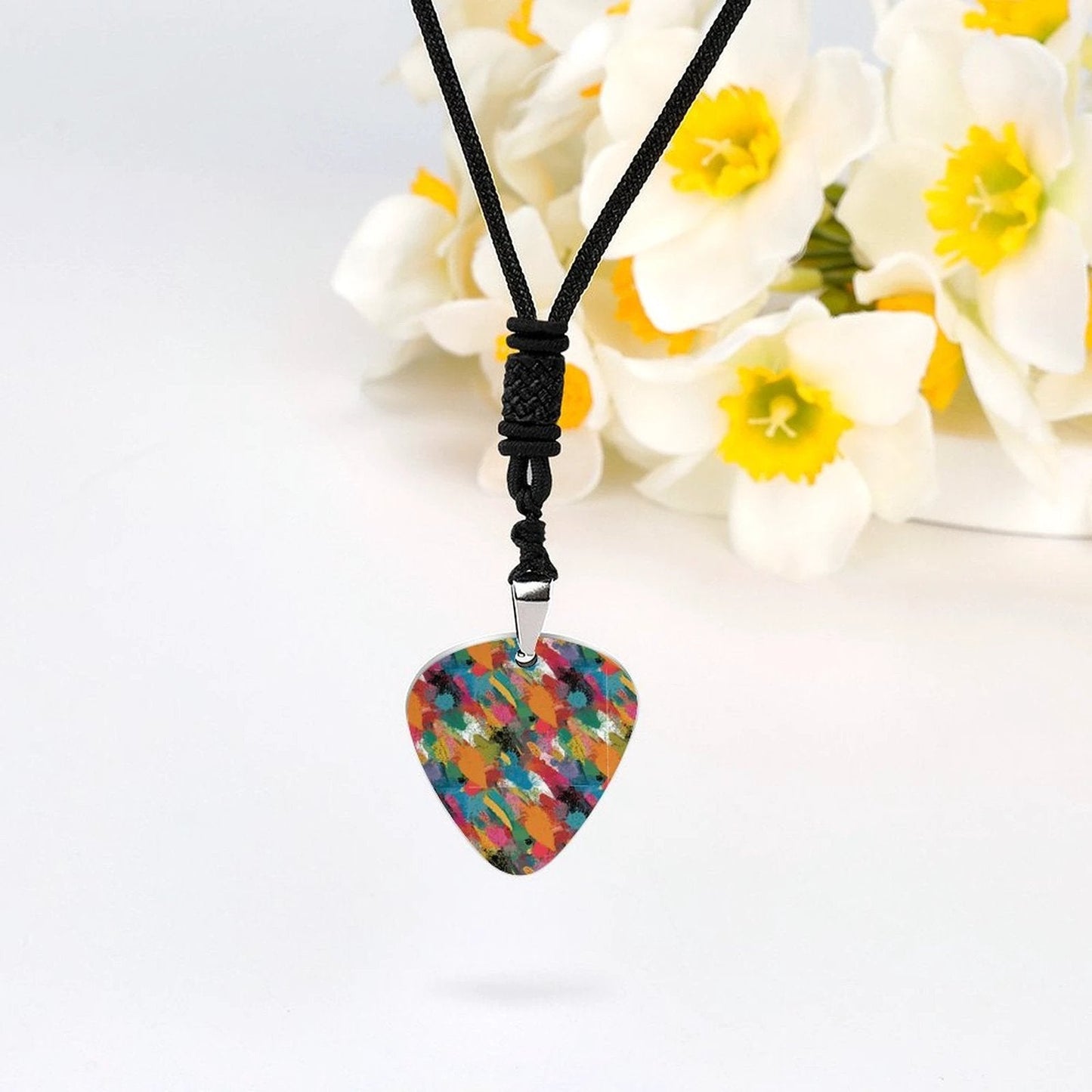 Painted Camo Guitar Pick Necklace — Multicolor Brush-Dab Pendant for Music Heads