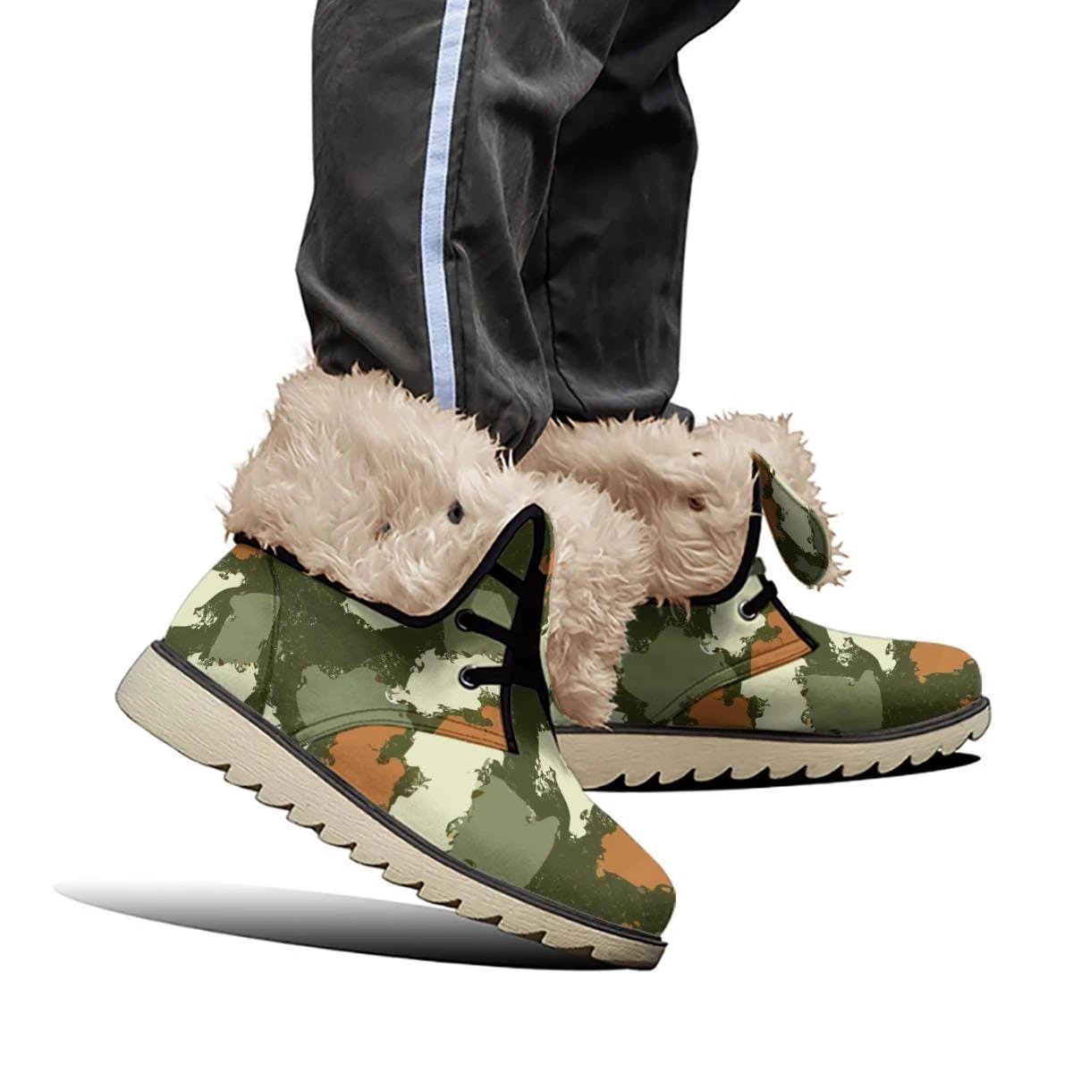 Glitch Camo Combat Boots for Urban Explorers — Concrete Jungle AOP Martin-Style Boots, Plush-Lined Winter Footwear, Alt Fashion, Men's Wearable Art