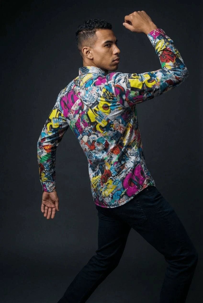 Graffiti Print Cotton Poplin Shirt for Creative Directors and Urban Stylists — Antibacterial AOP Designer Workwear, Smart-Casual Street Art Statement