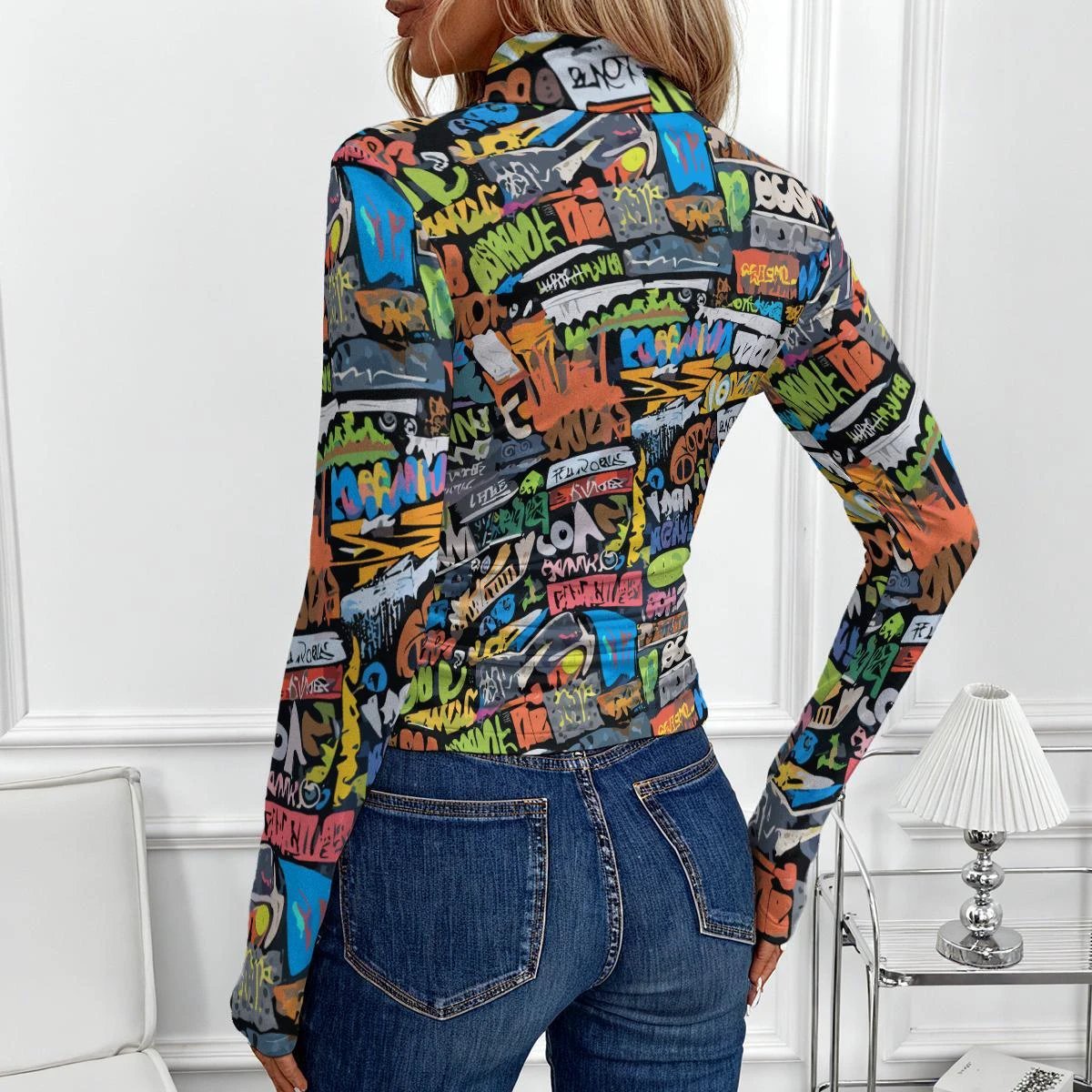 Street Syntax | All-Over Print Graffiti Turtleneck Top – Neon Maximalist Long Sleeve