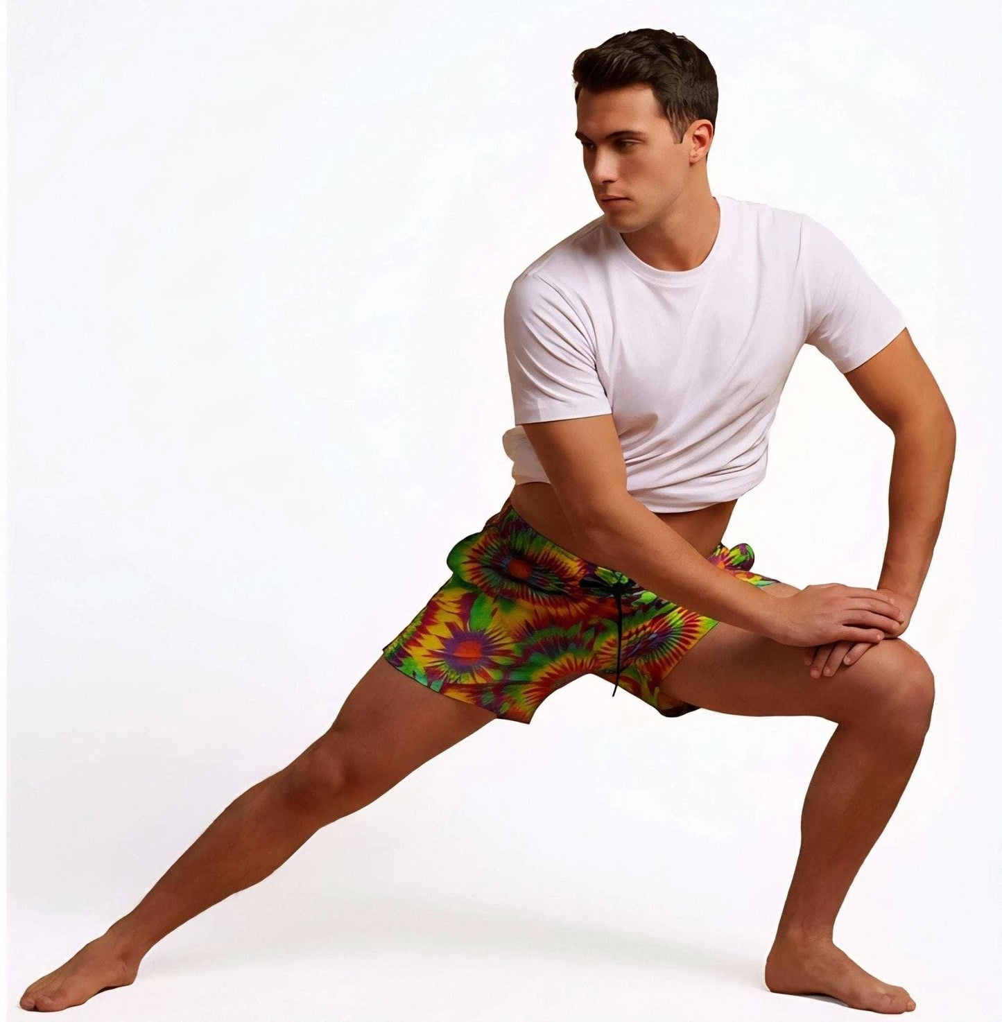 Neon Radial Burst Athletic Shorts for Rave Fitness and Yoga Dressers — Vibrant Psychedelic AOP Swim Trunks, Bold Festival Pool Party Bottoms