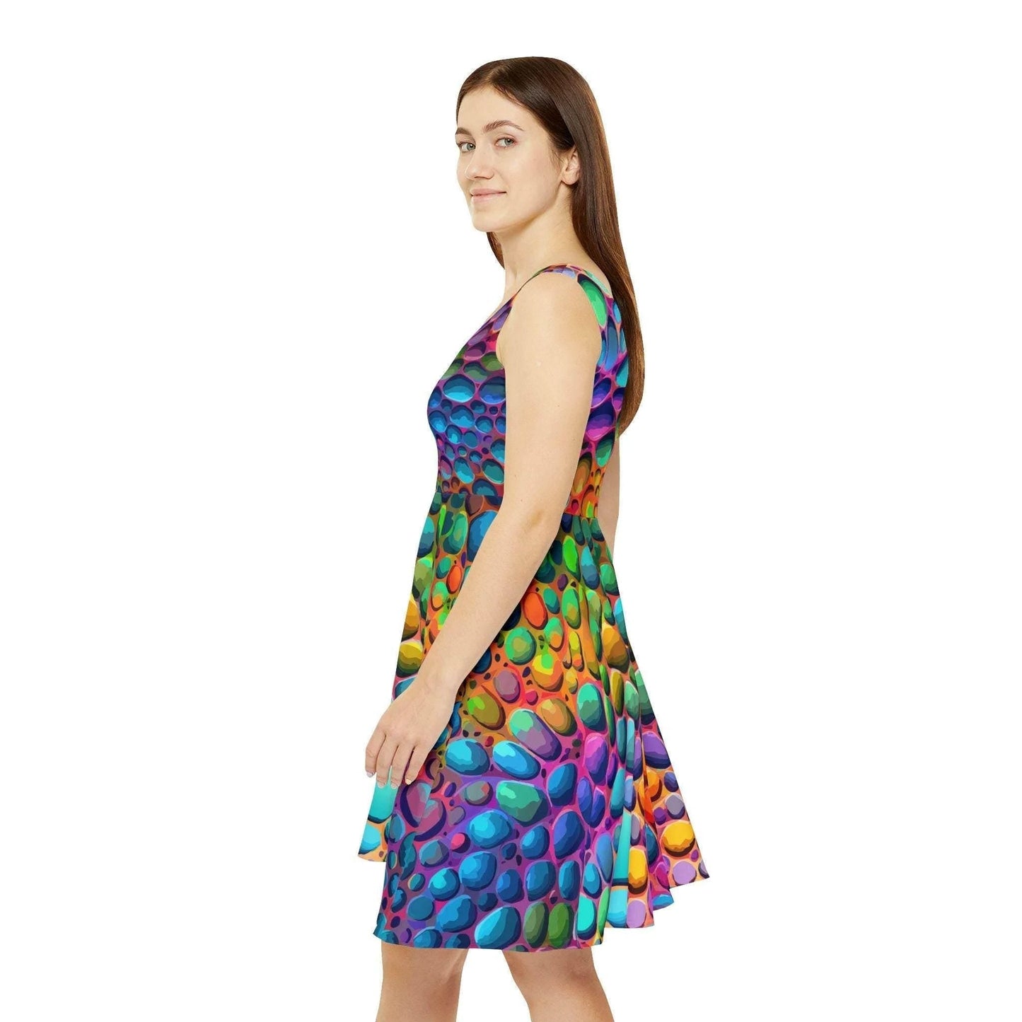 Geometric Graffiti AOP Skater Dress for Creative Women — Vibrant Street Art Party Dress, Flared Hem Gallery Event Outfit