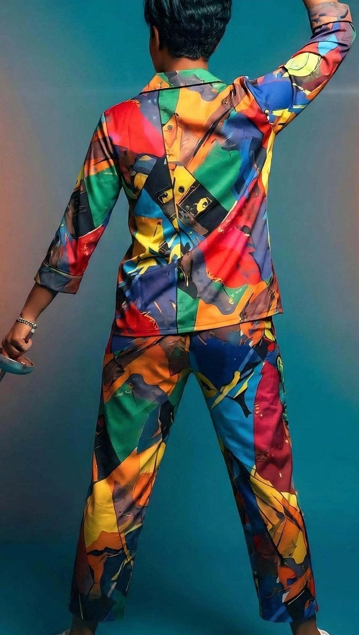 Vibrant Abstract Satin Pajama Set - Luxury All-Over Print Loungewear for Bold Sleepwear