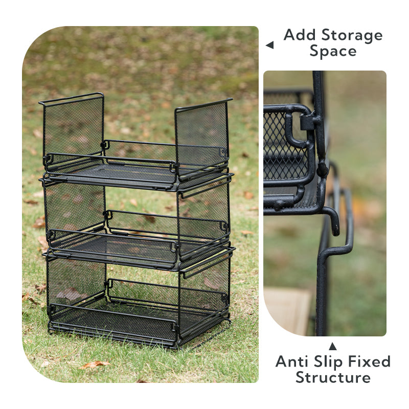 Campingmoon CK-23BK/SS Folding Storage Box Stackable IGT Compatible Tray Storage Basket Tool Storage Grill Table Collapsible Mesh Net