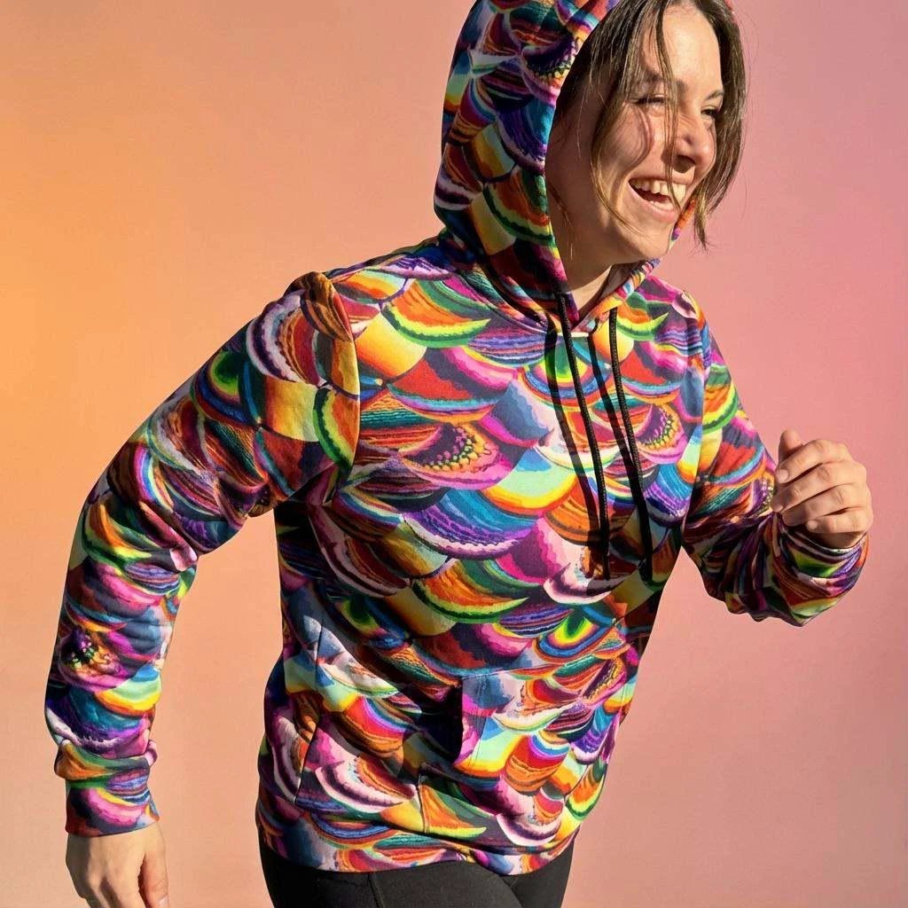 Prismatic Dragon Scale Athletic Hoodie for Fantasy and Bold Fitness Dressers — Rainbow AOP Maximalist Activewear