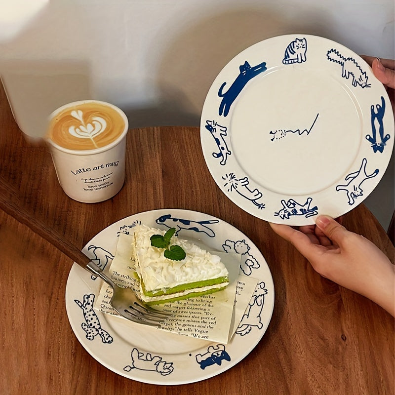 Vintage Cute Kitten Puppy Blue Breakfast Ceramic Plate - DO2K