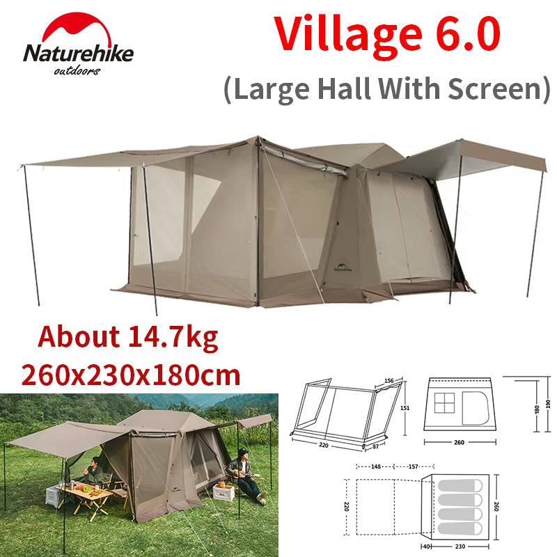PRE-ORDER Naturehike VILLAGE 6.0 Gen 2 Flagship Edition Fast Automatic Cabin Tent Ti Black Coated Sunscreen Large 15m² Use Space 4 Person Waterproof