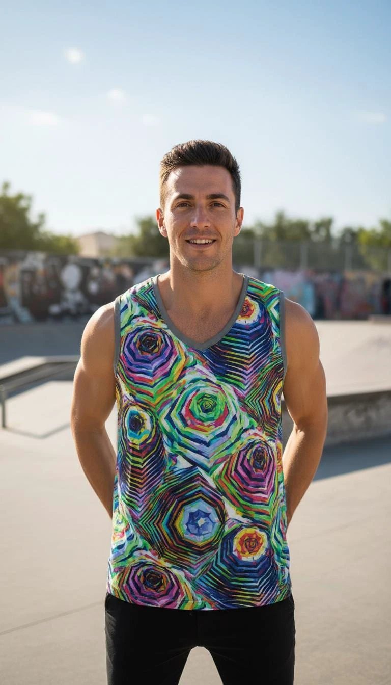Glitchcore Jersey for Digital Maximalists — AI Art AOP Basketball Tank, Moisture-Wicking Festival Activewear, Neon Digital Streetwear, Rave Uniform