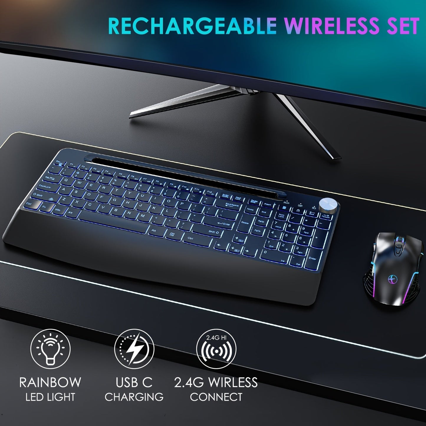 JOMAA Ergonomic Wireless Keyboard & Mouse Combo, RGB Backlit TJR1K6M